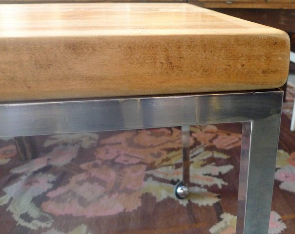 American 1970s Butcher's Block Kitchen Table on Polished Chrome Legs and Wheels 2