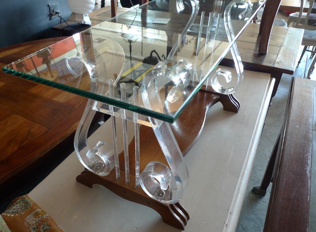 Stained American 1970s Glass Top Coffee Table with Lucite Supports and Walnut Shelf For Sale