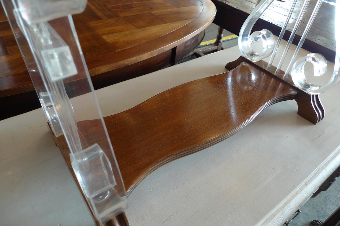 American 1970s Glass Top Coffee Table with Lucite Supports and Walnut Shelf For Sale 1