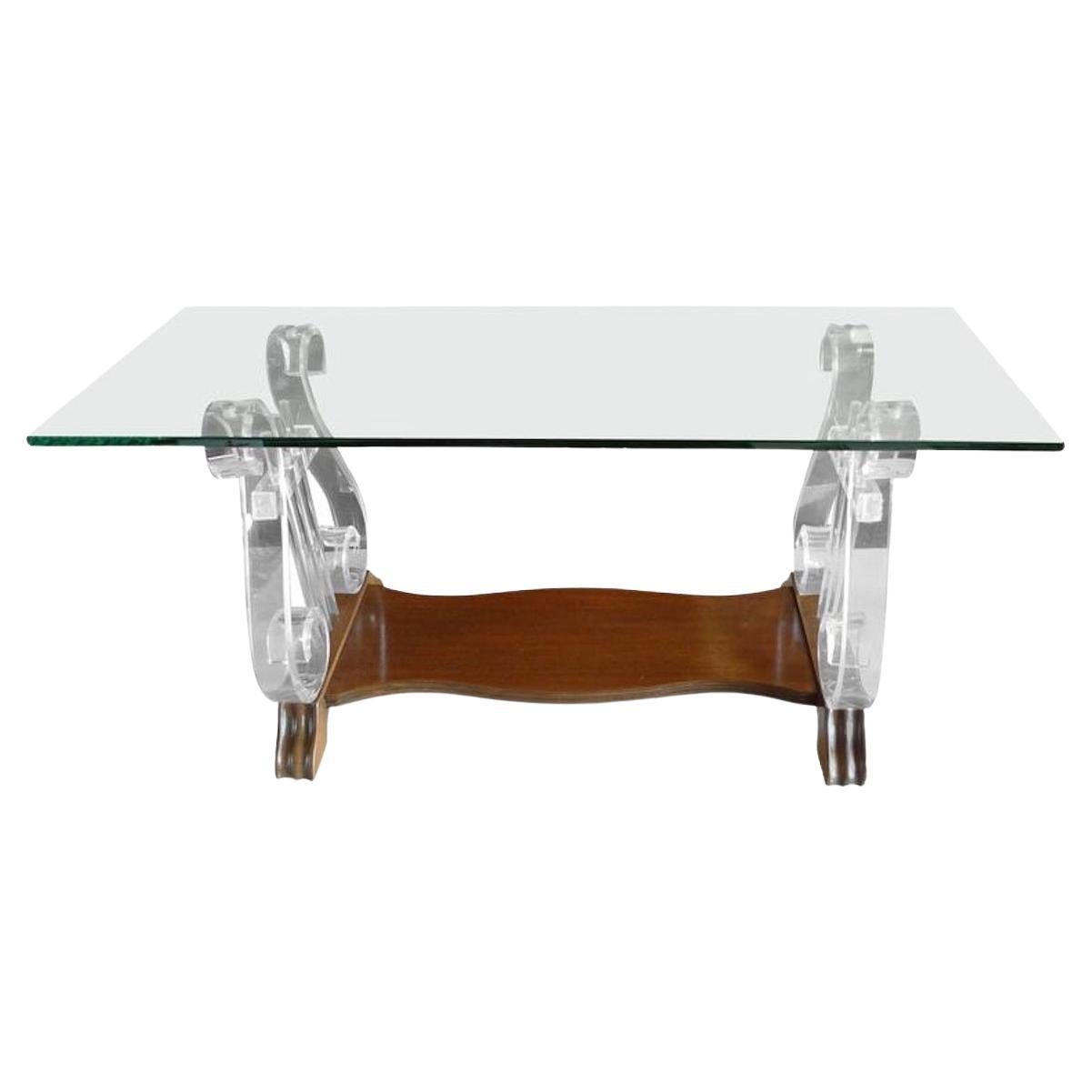 American 1970s Glass Top Coffee Table with Lucite Supports and Walnut Shelf For Sale