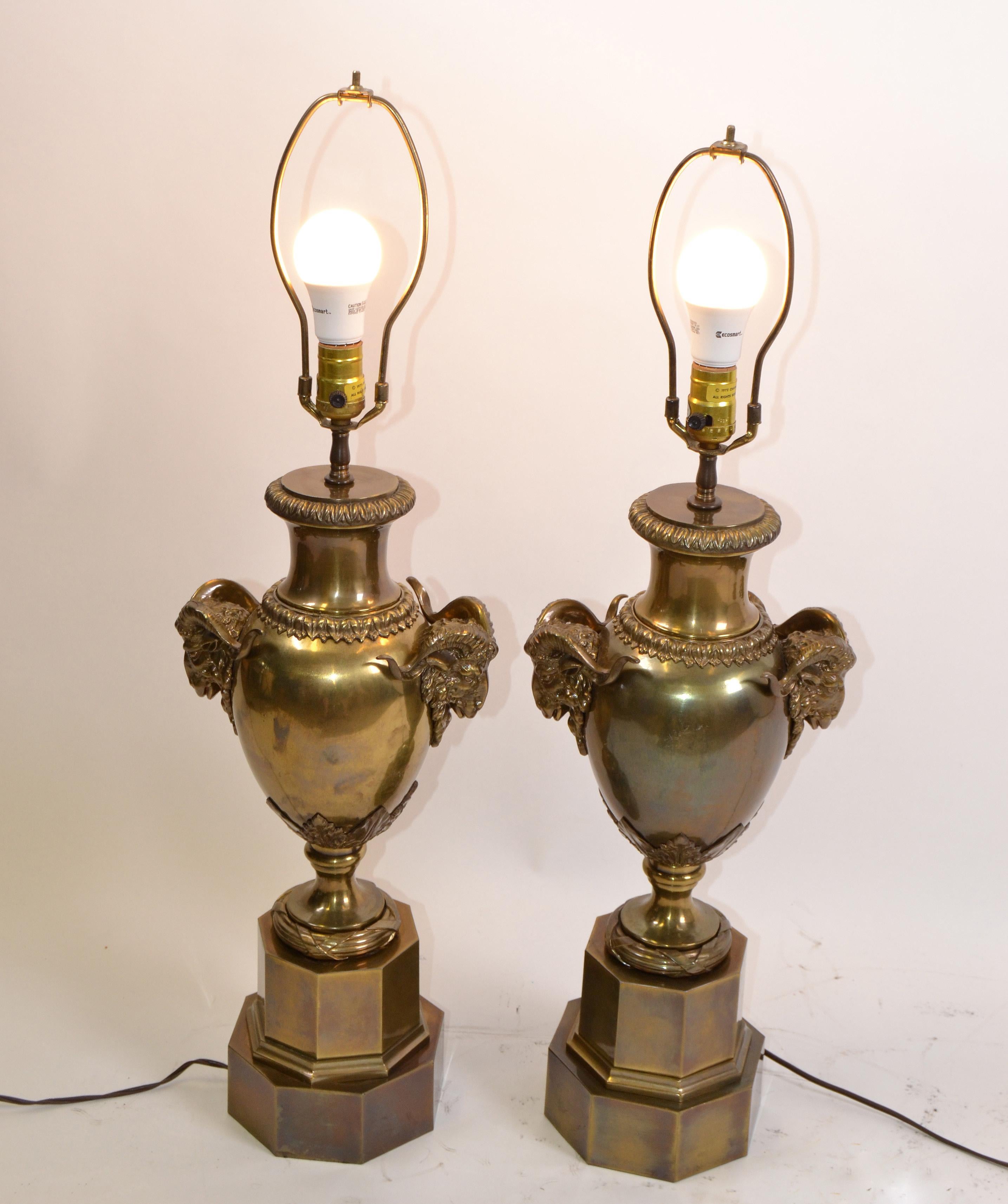 American 1972 Chapman Iconic, Art Deco Rams Head Bronze Urn Table Lamp, Pair 5