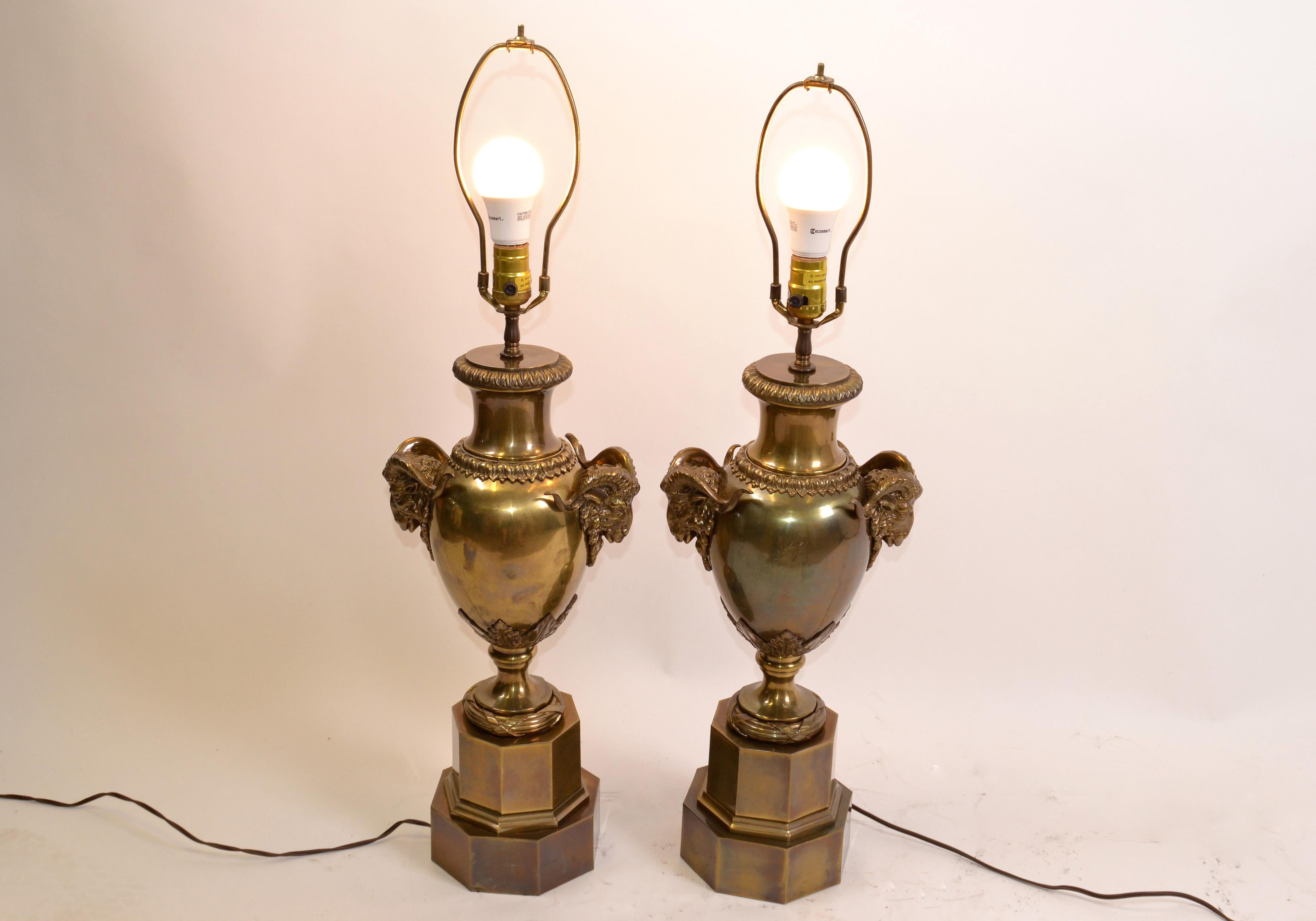 Hand-Crafted American 1972 Chapman Iconic, Art Deco Rams Head Bronze Urn Table Lamp, Pair