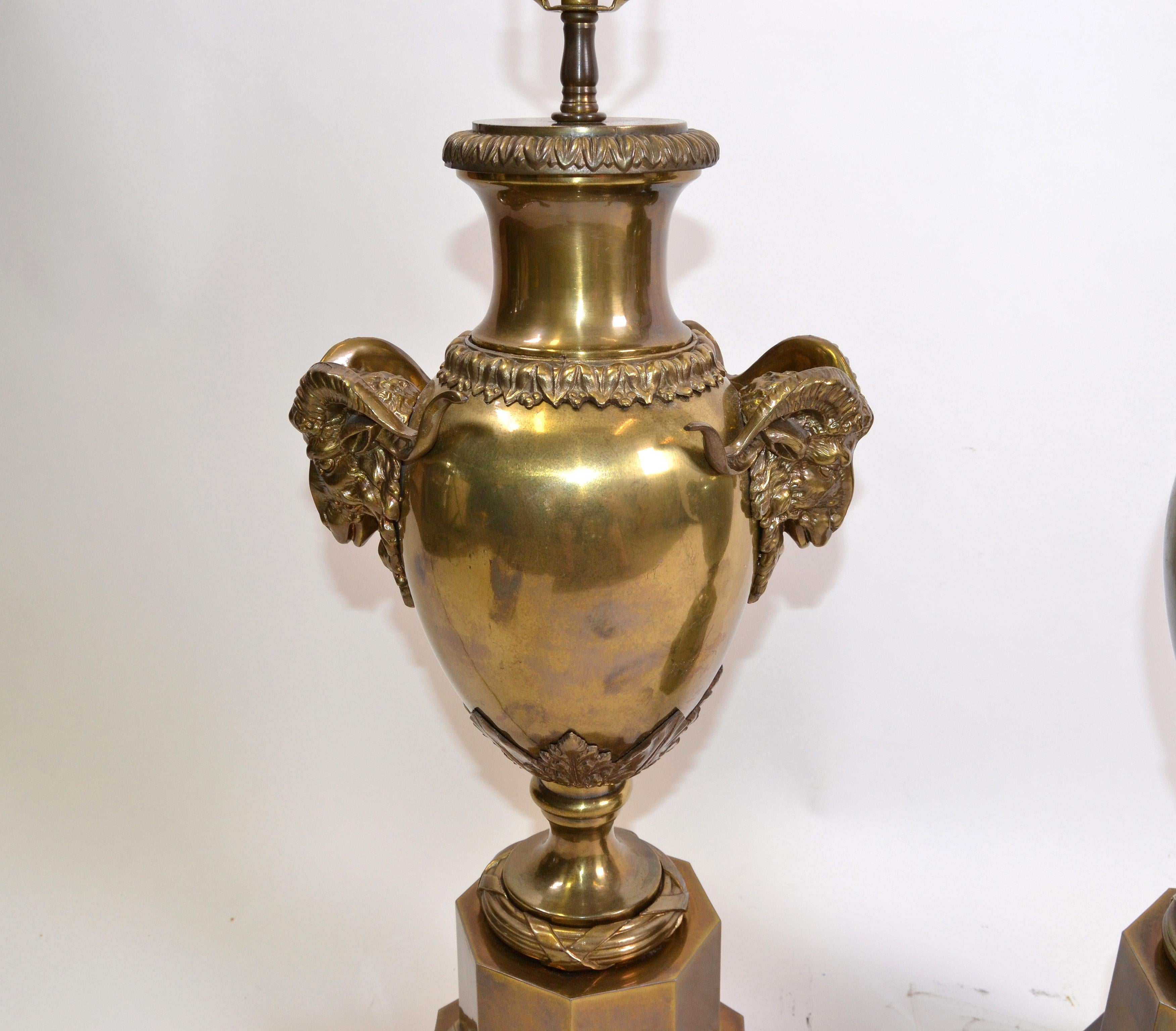 Late 20th Century American 1972 Chapman Iconic, Art Deco Rams Head Bronze Urn Table Lamp, Pair