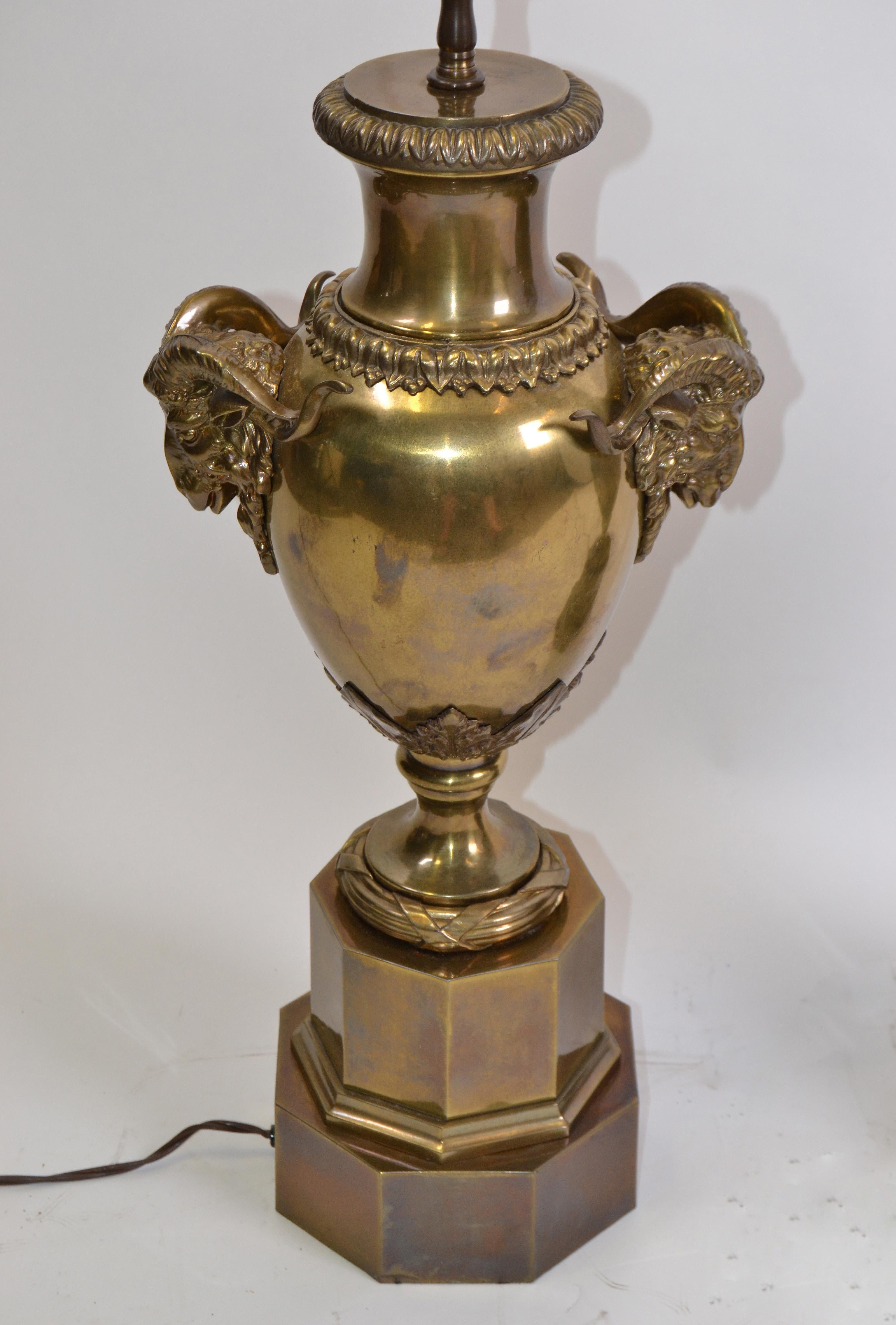 Brass American 1972 Chapman Iconic, Art Deco Rams Head Bronze Urn Table Lamp, Pair
