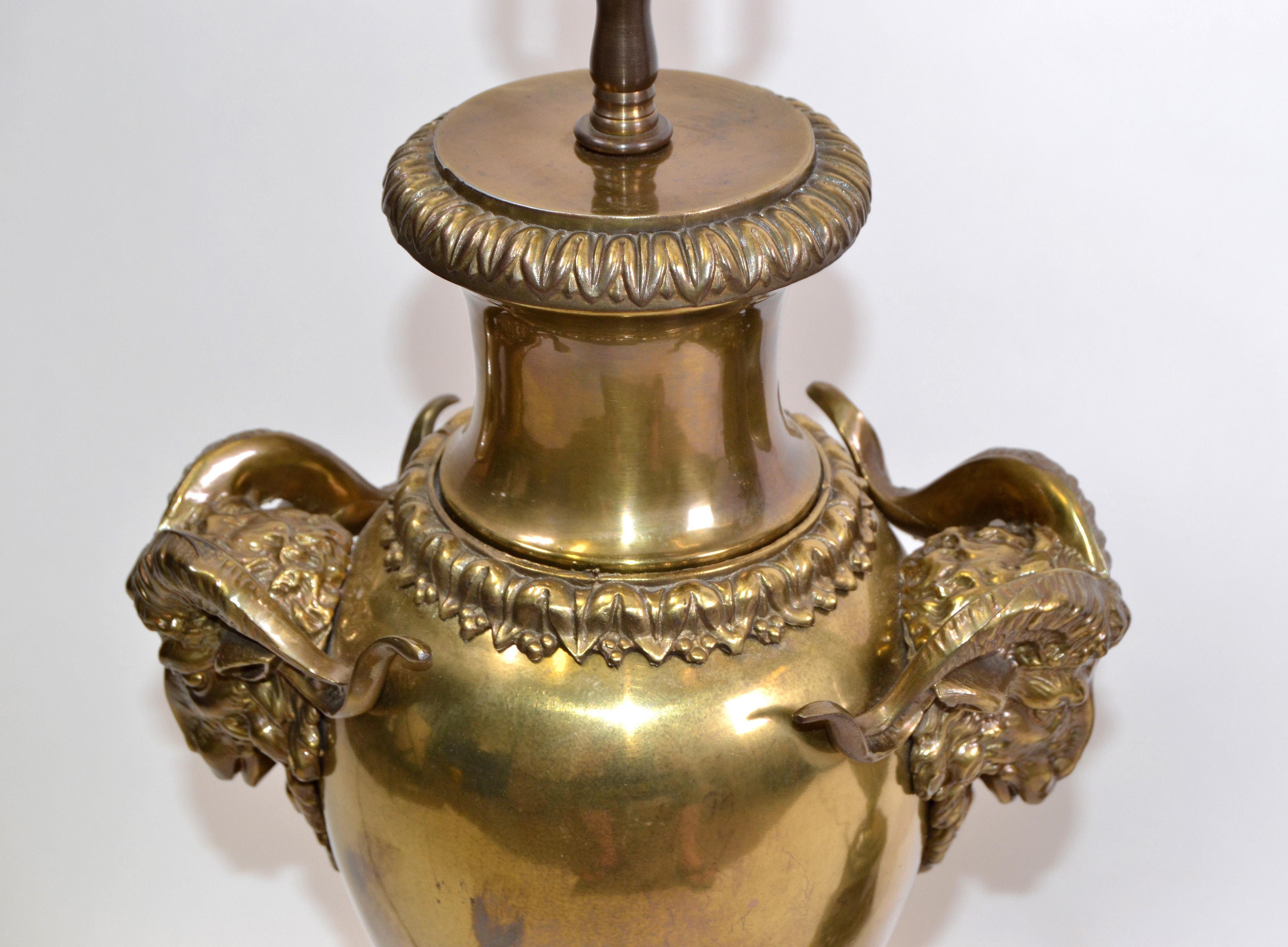 American 1972 Chapman Iconic, Art Deco Rams Head Bronze Urn Table Lamp, Pair 1