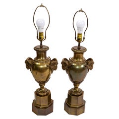 American 1972 Chapman Iconic, Art Deco Rams Head Bronze Urn Table Lamp, Pair