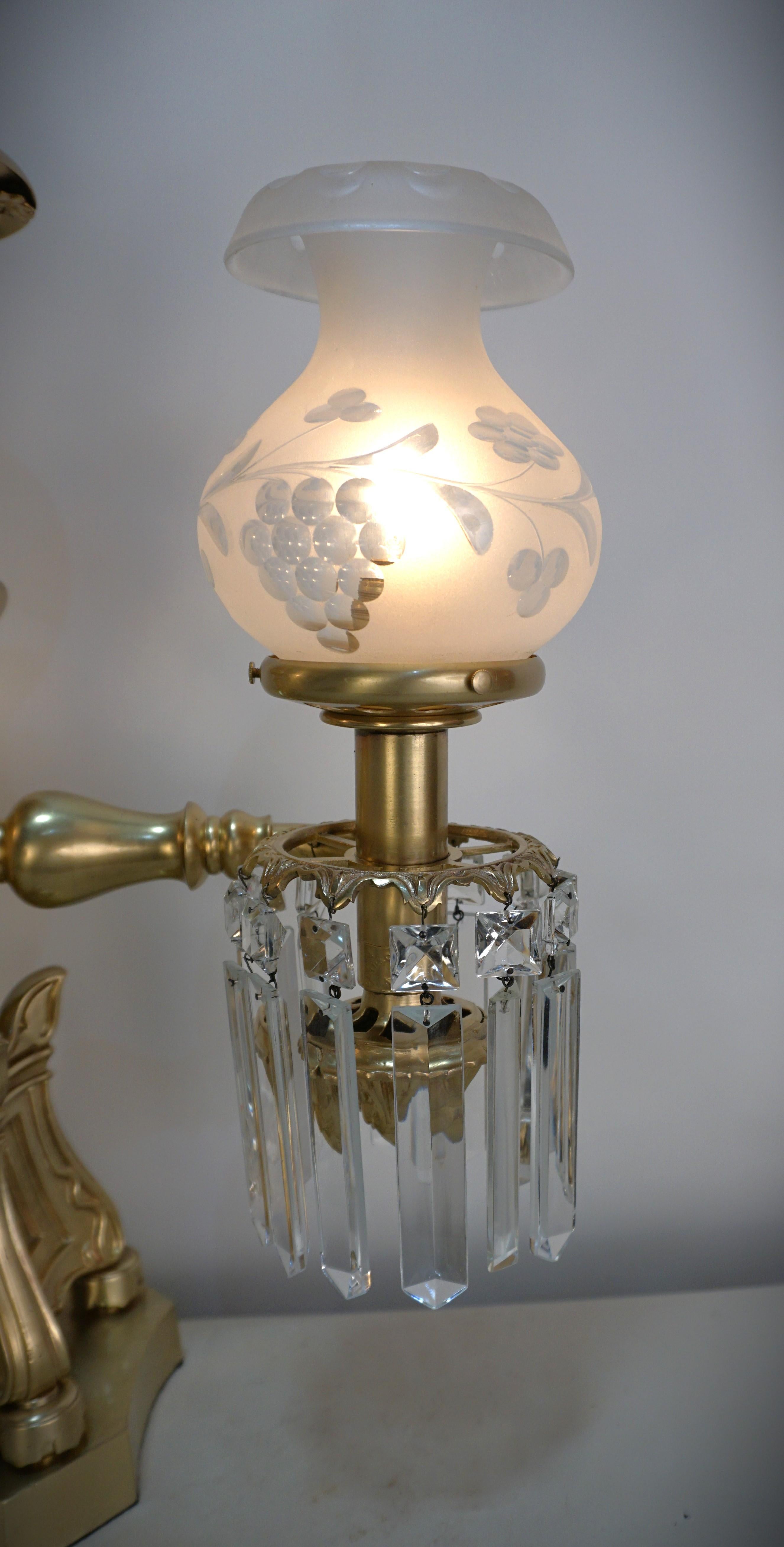 New York, 19th century, bronze cut glass and crystal double arm electrified argand oil lamp by Clark, Coit & Cargill.