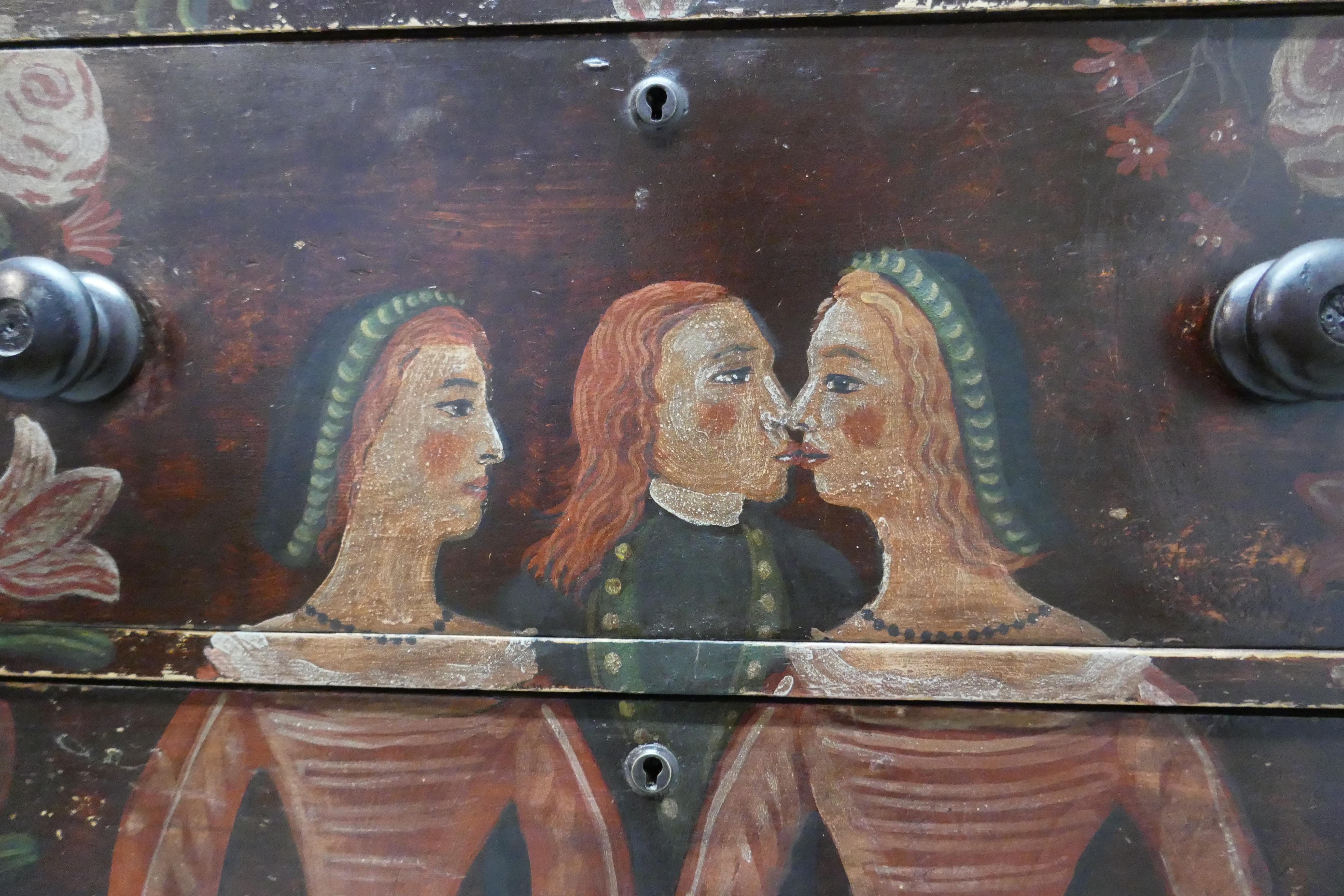 American 19th Century Painted Folk Art Marriage Chest and Hanging Cupboard For Sale 2