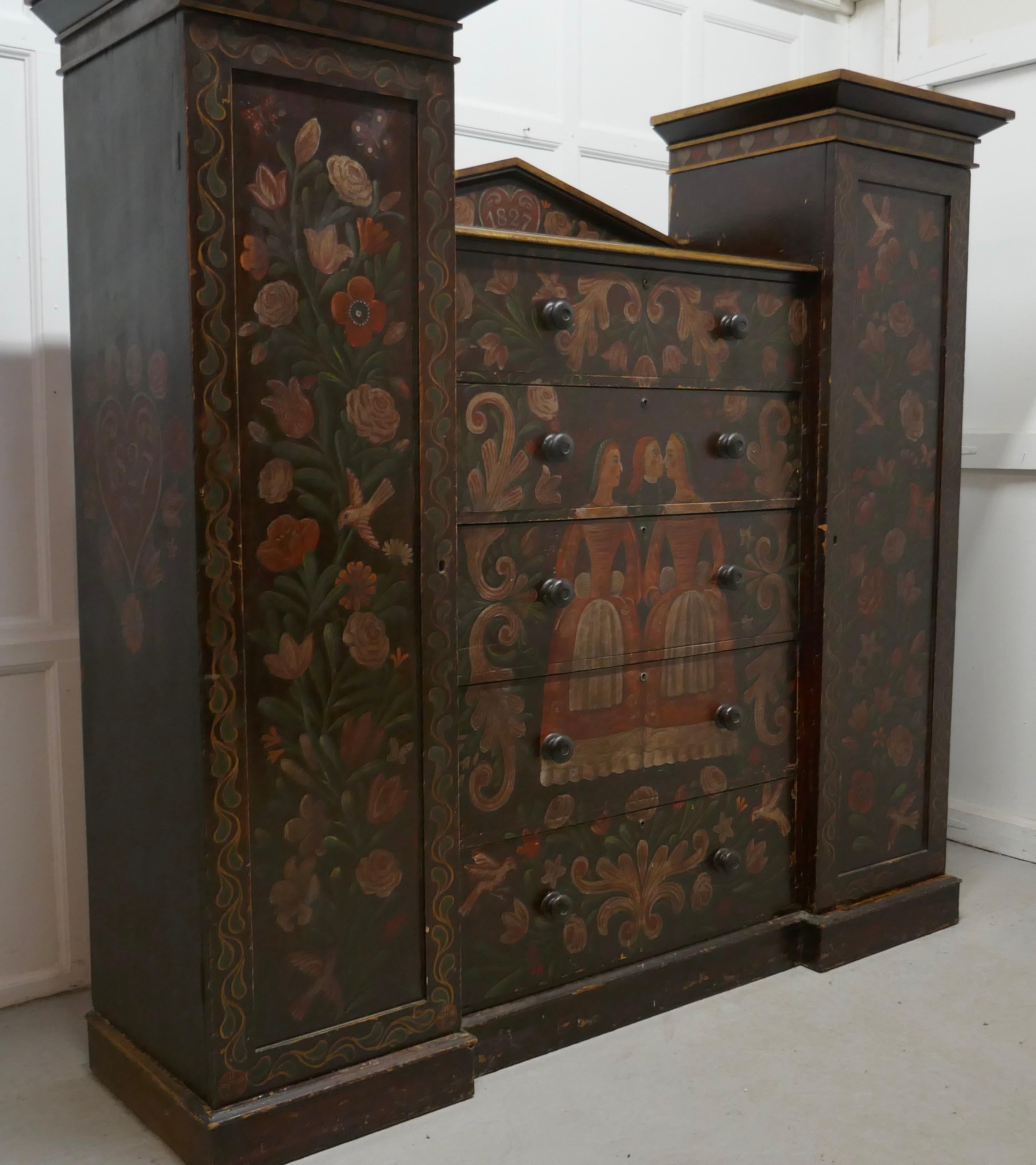 American 19th Century Painted Folk Art Marriage Chest and Hanging Cupboard For Sale 5