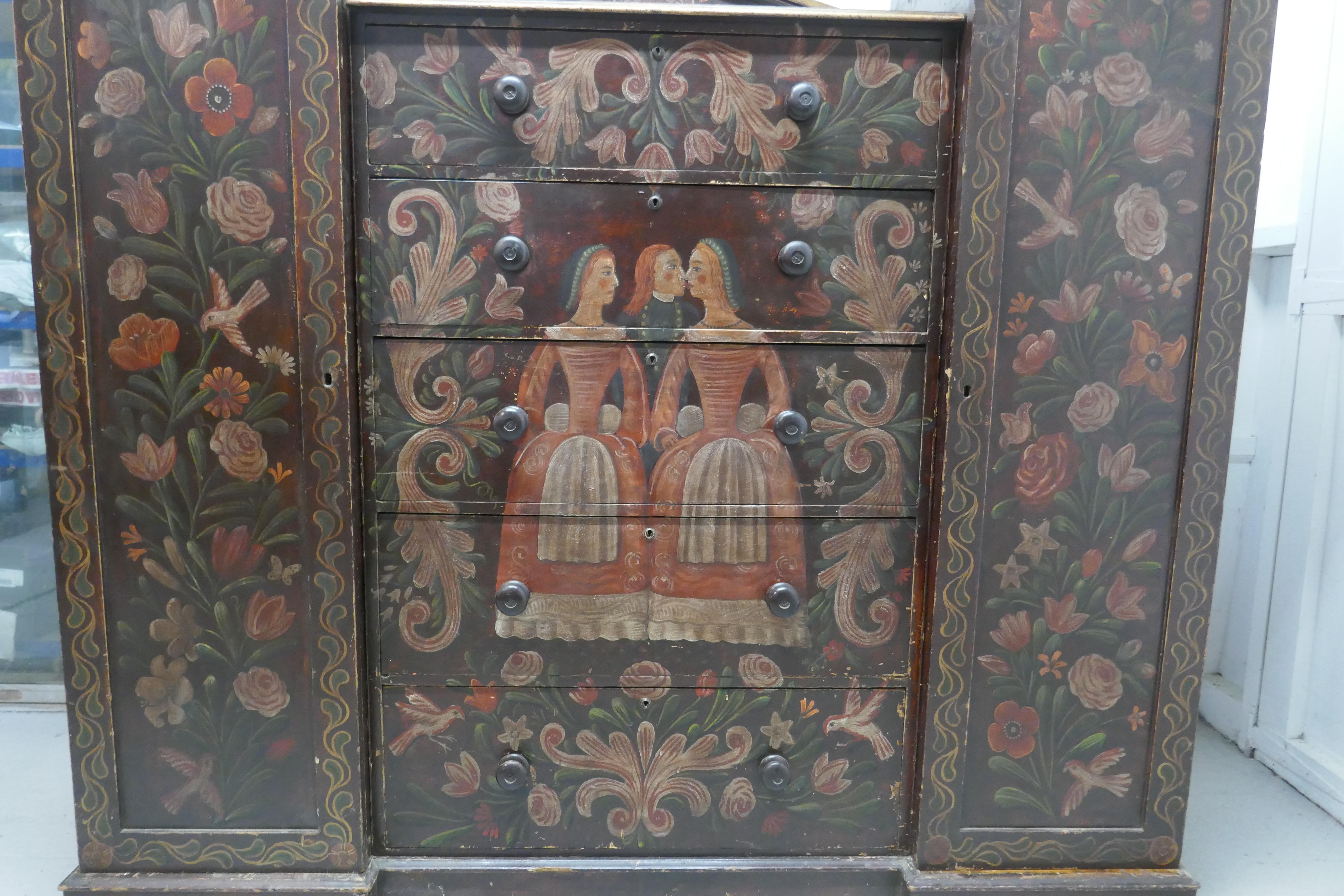 Pine American 19th Century Painted Folk Art Marriage Chest and Hanging Cupboard For Sale