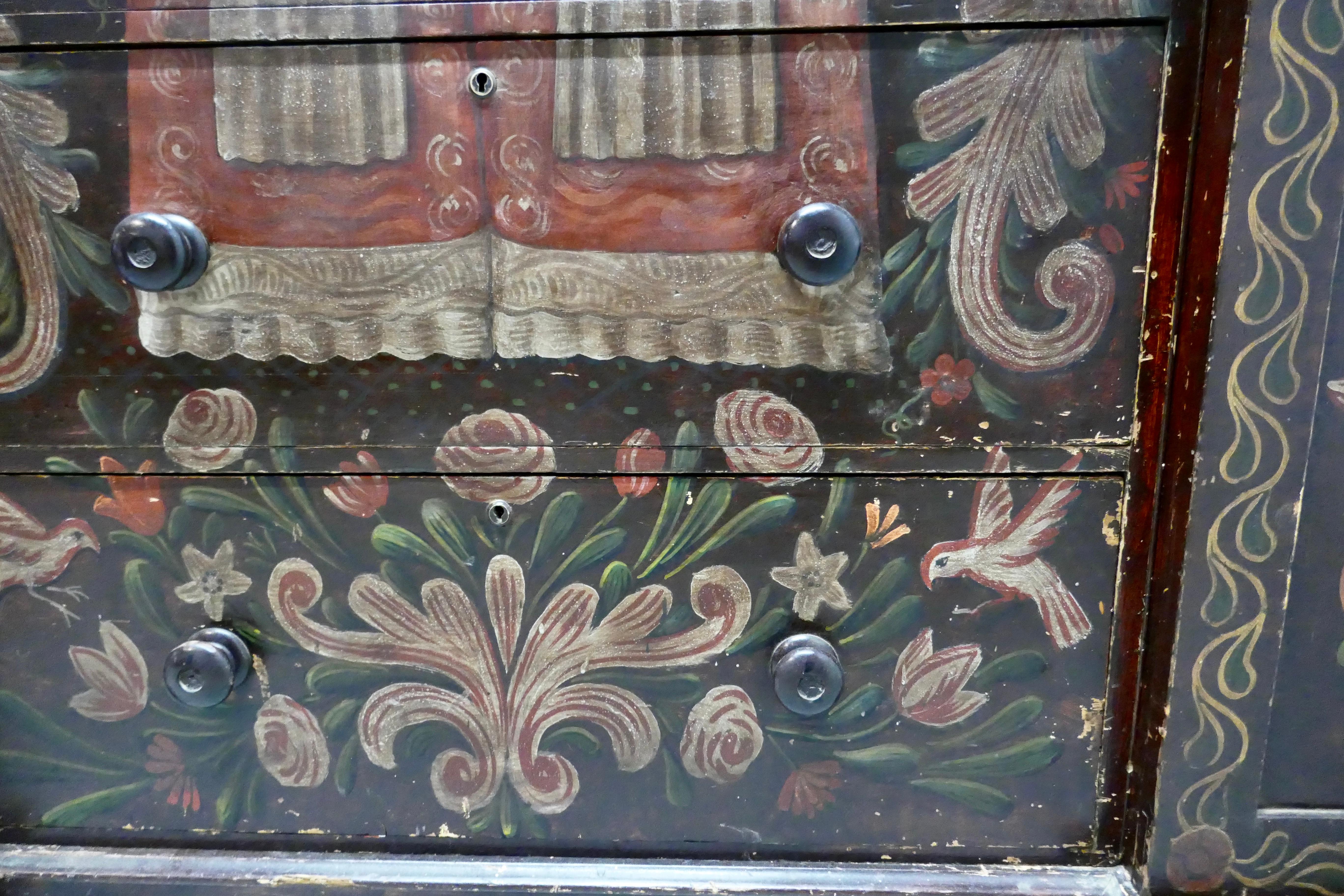 American 19th Century Painted Folk Art Marriage Chest and Hanging Cupboard For Sale 1