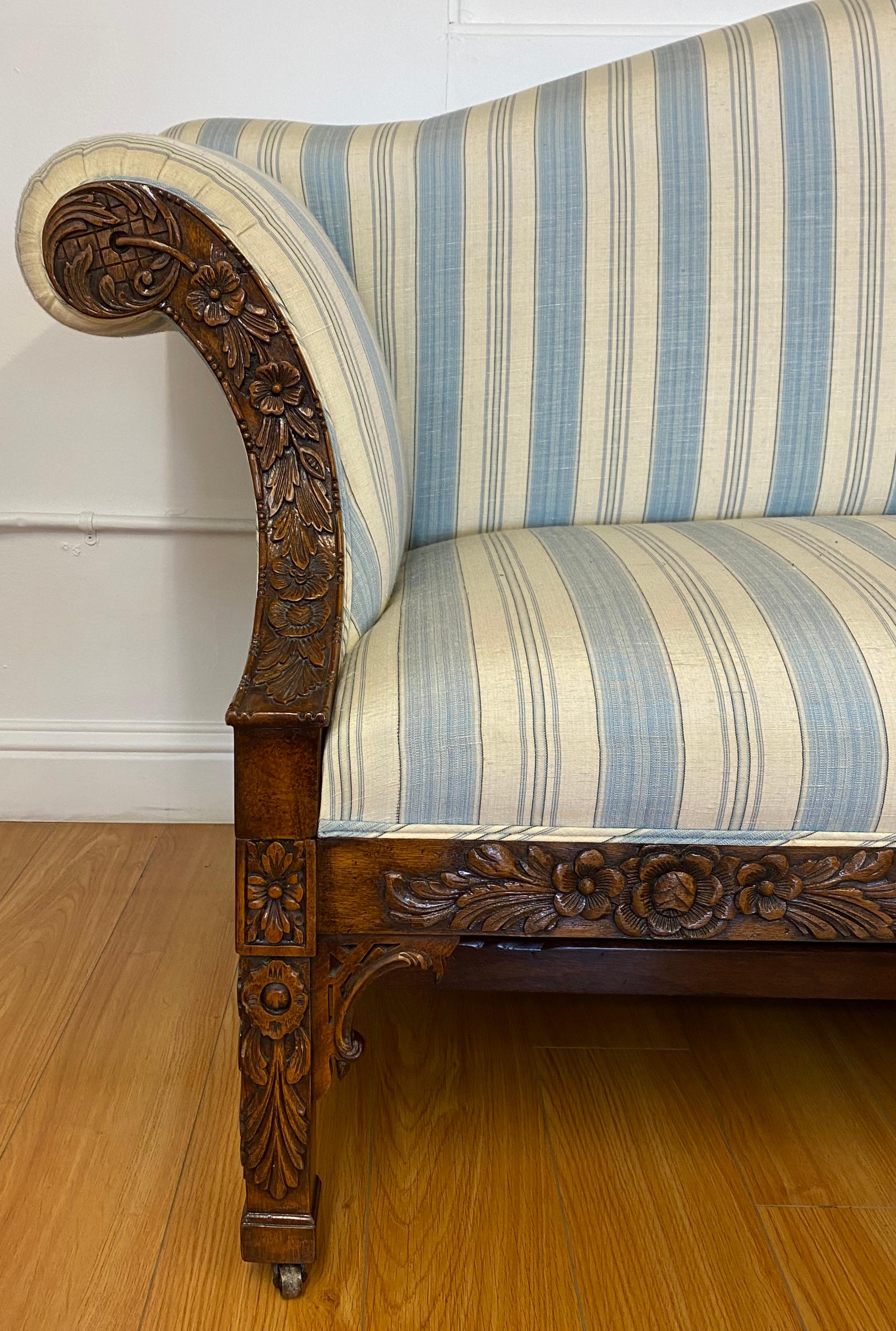 Hand-Carved American Carved Mahogany and Upholstered Chippendale Style Settee