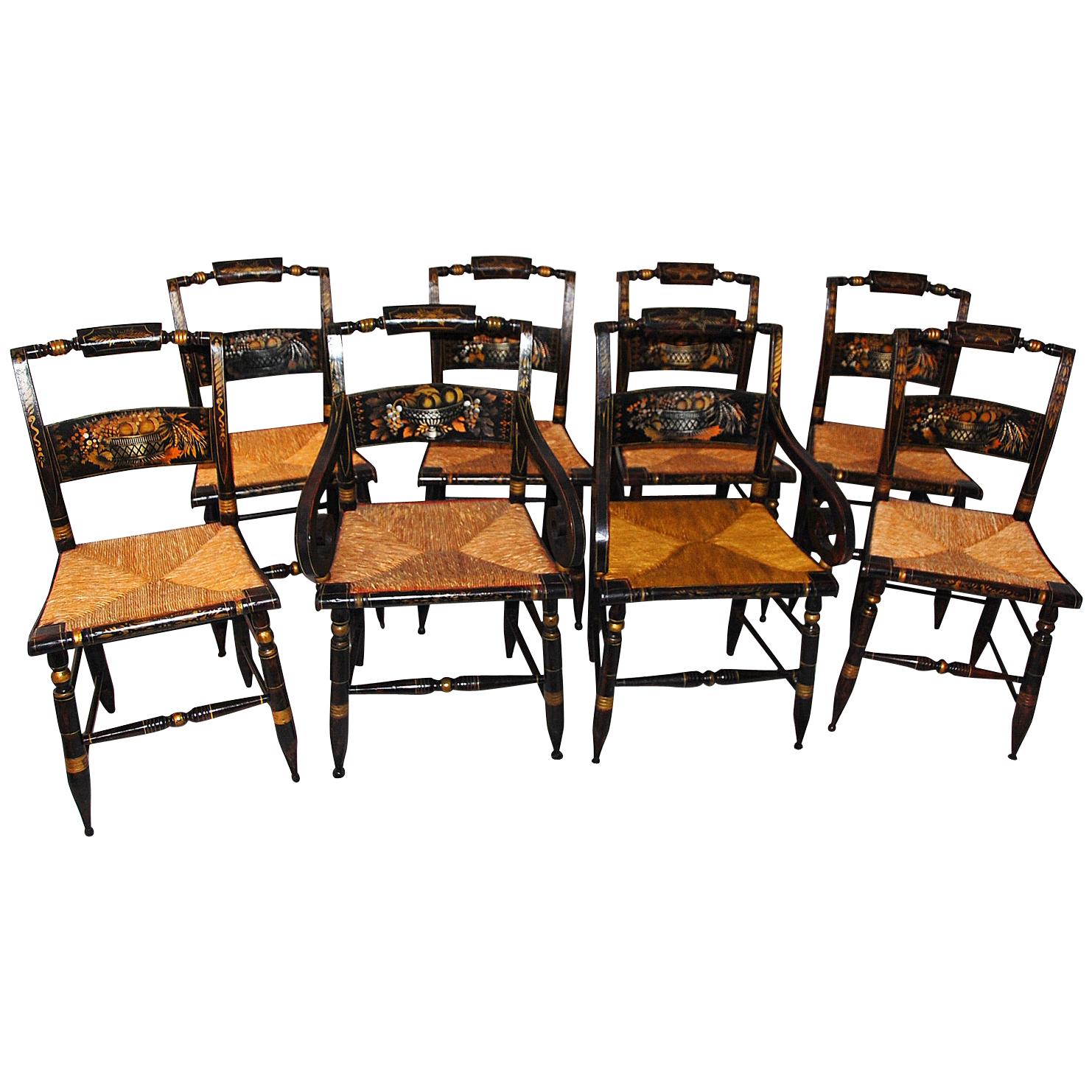 American 19th Century Hitchcock Chairs, Set of 8 Including Two Arms, Six Sides