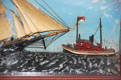 American 19th Century Ship Diorama of a Barkentine and Tugboat Wood and Plaster