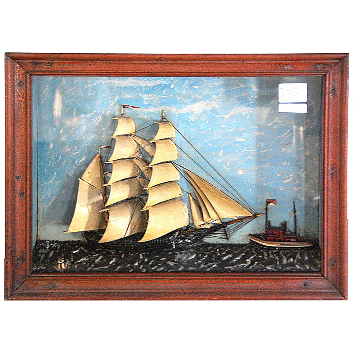 American 19th Century Ship Diorama of a Barkentine and Tugboat Wood and Plaster