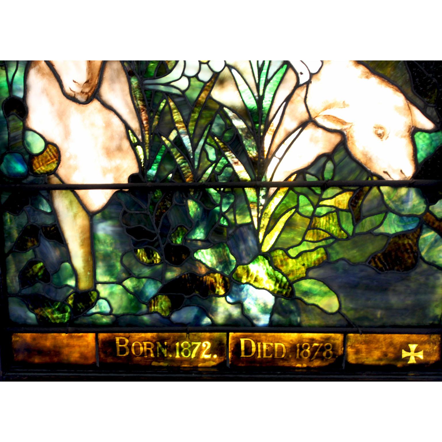 Baroque Revival American 19th Century Stained-Glass Panel Depicting Sheep-Lambs, Manner Tiffany For Sale