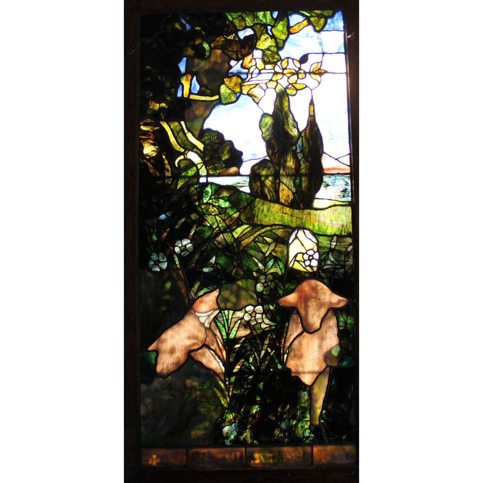 Hand-Painted American 19th Century Stained-Glass Panel Depicting Sheep-Lambs, Manner Tiffany For Sale