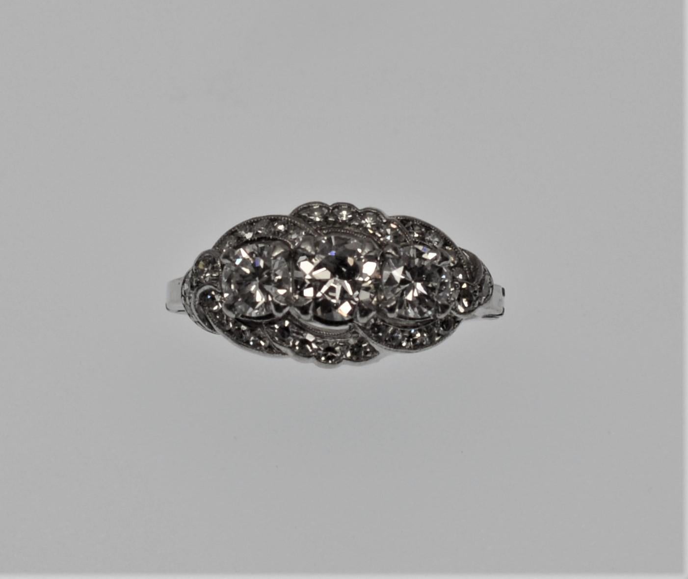 Round Cut American 20th Century Classic Antique Platinum Triple Diamond Ring For Sale