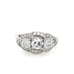 Vintage Three Stone Diamond Platinum Ring w Unique Hinged Shank