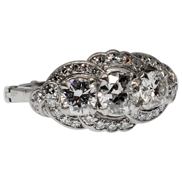 American 20th Century Classic Antique Platinum Triple Diamond Ring For Sale