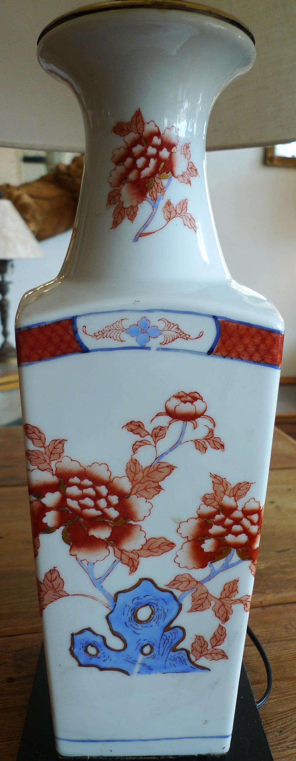 American 20th Century Painted Porcelain Vase Adapted into a Table Lamp and Shade In Good Condition In Santa Monica, CA