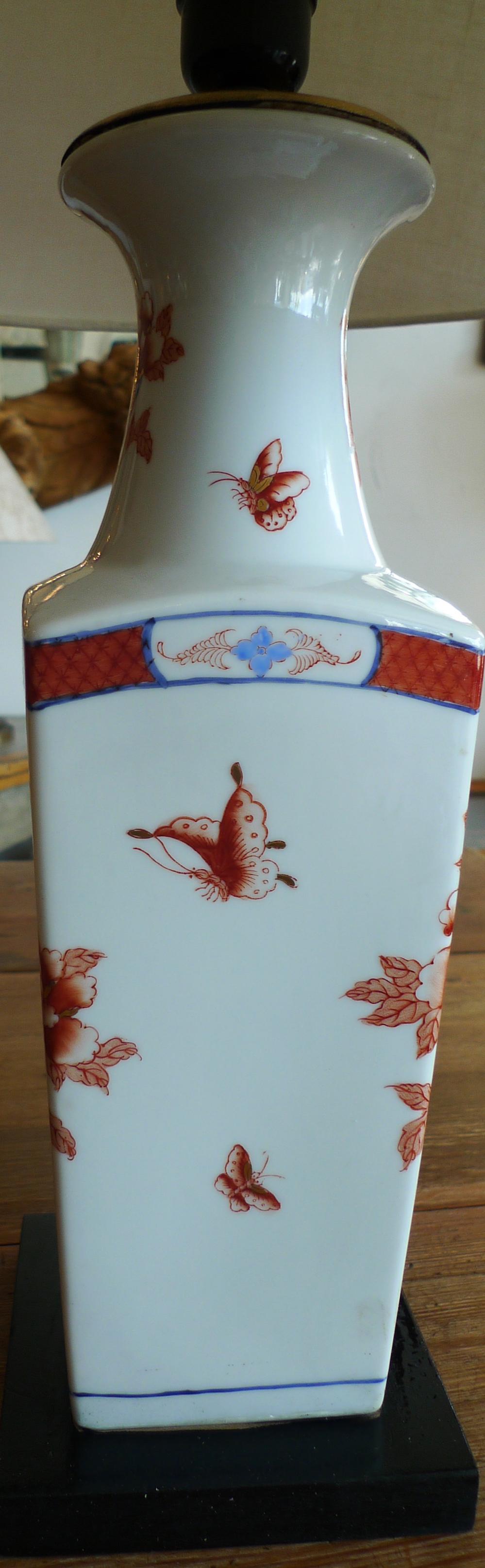 American 20th Century Painted Porcelain Vase Adapted into a Table Lamp and Shade 1