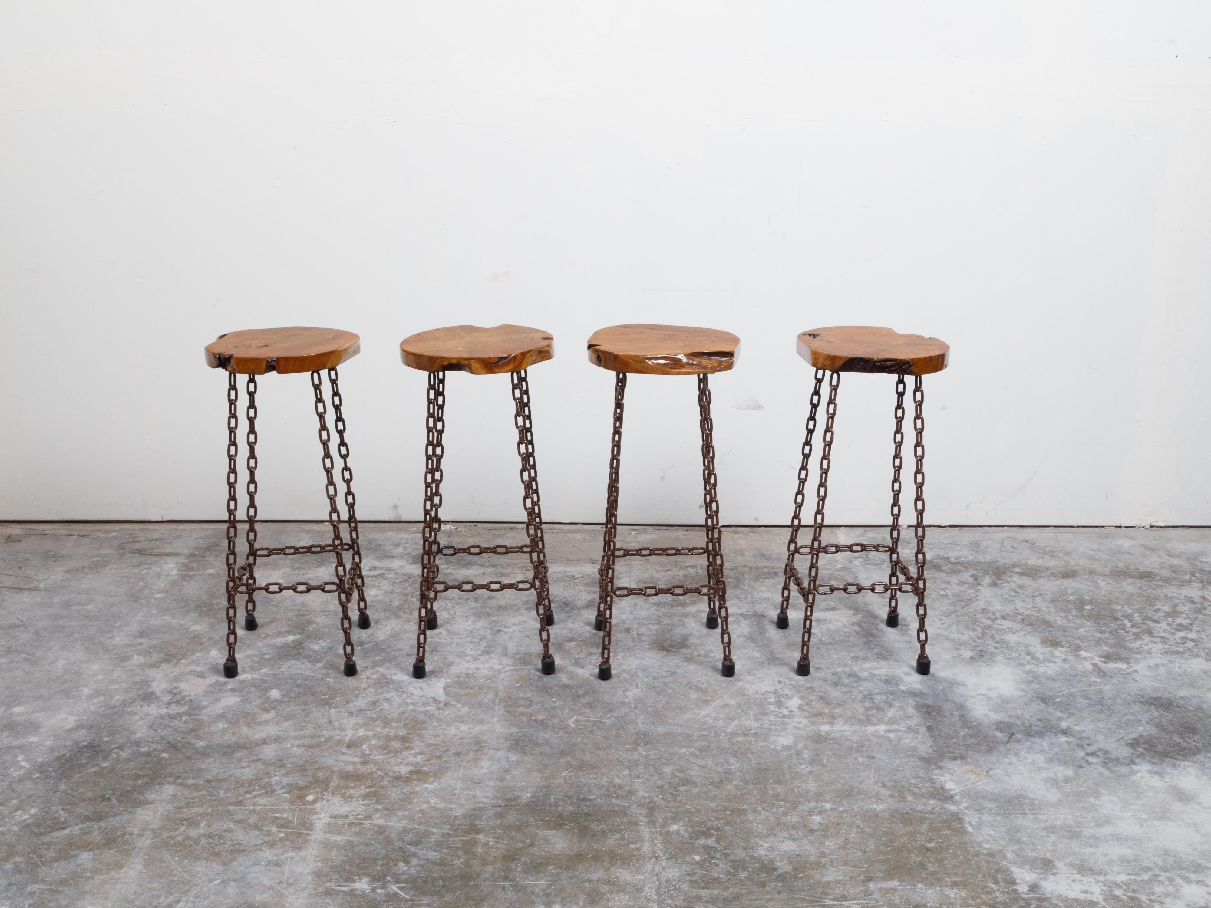 American 20th Century Wood Slab and Chain Links Stools, Sold Each For Sale 4