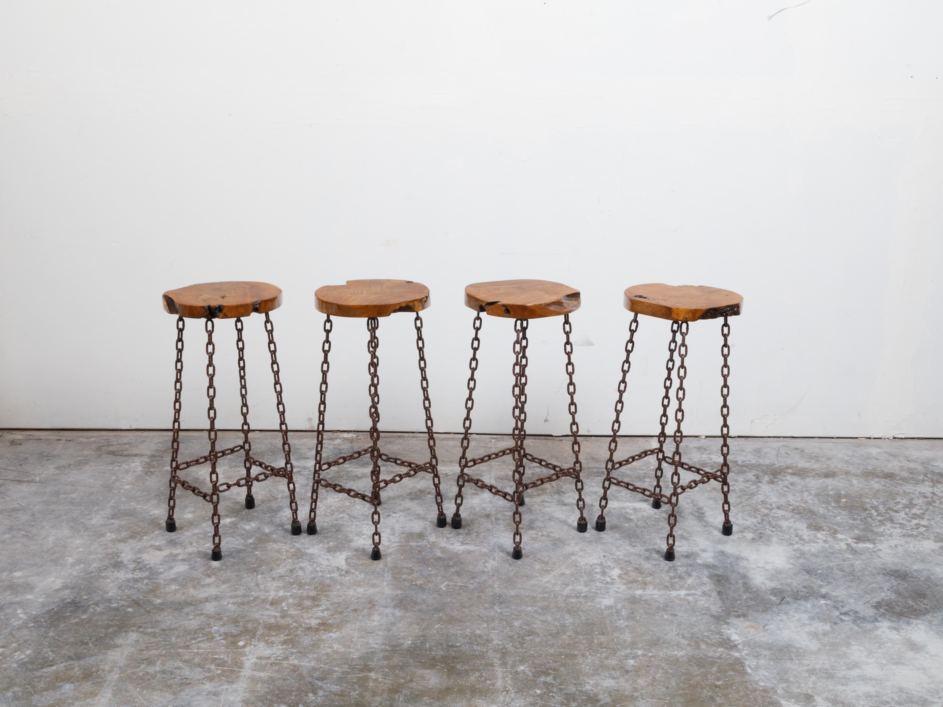 American 20th Century Wood Slab and Chain Links Stools, Sold Each For Sale 5