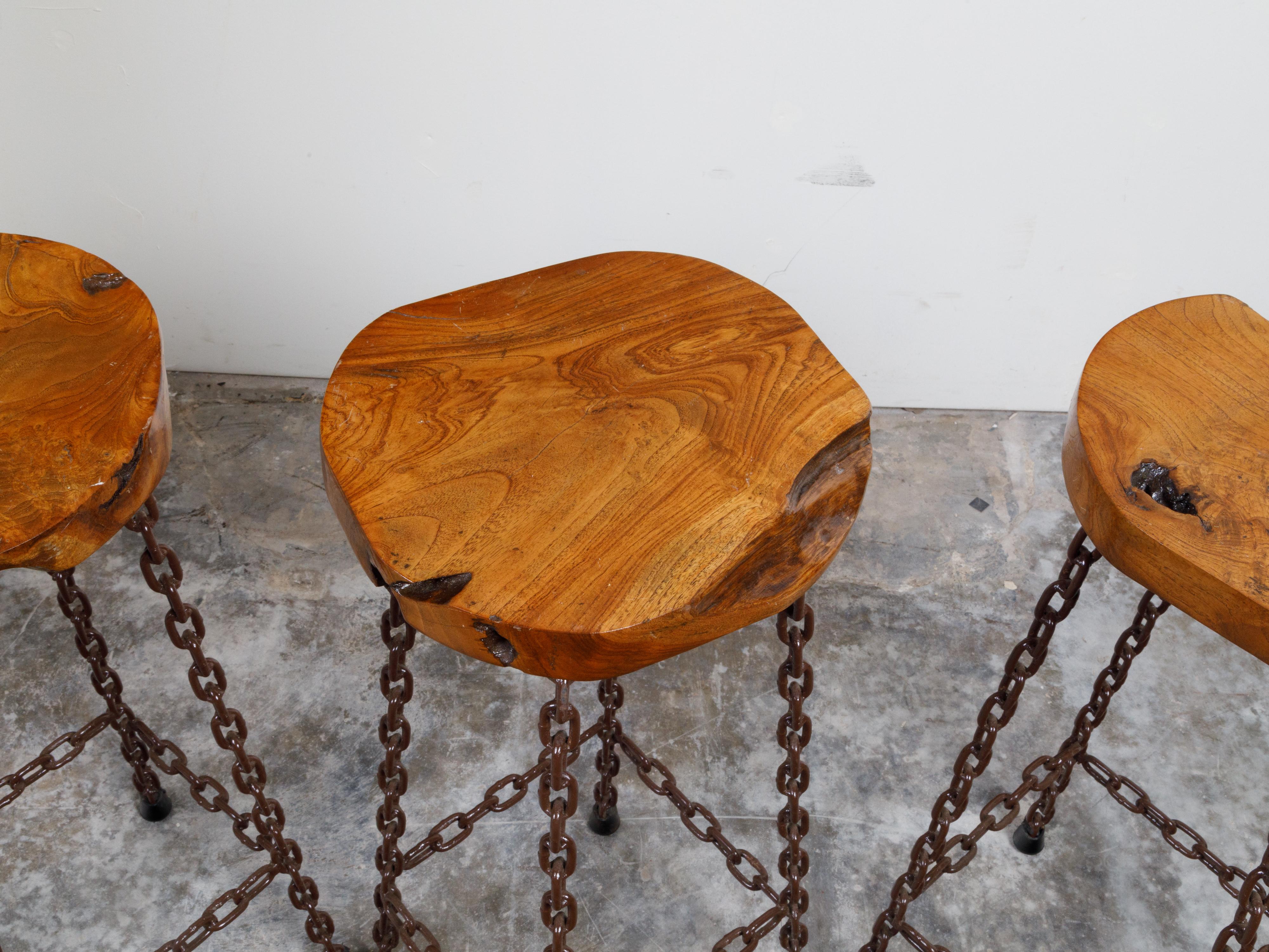 American 20th Century Wood Slab and Chain Links Stools, Sold Each For Sale 6
