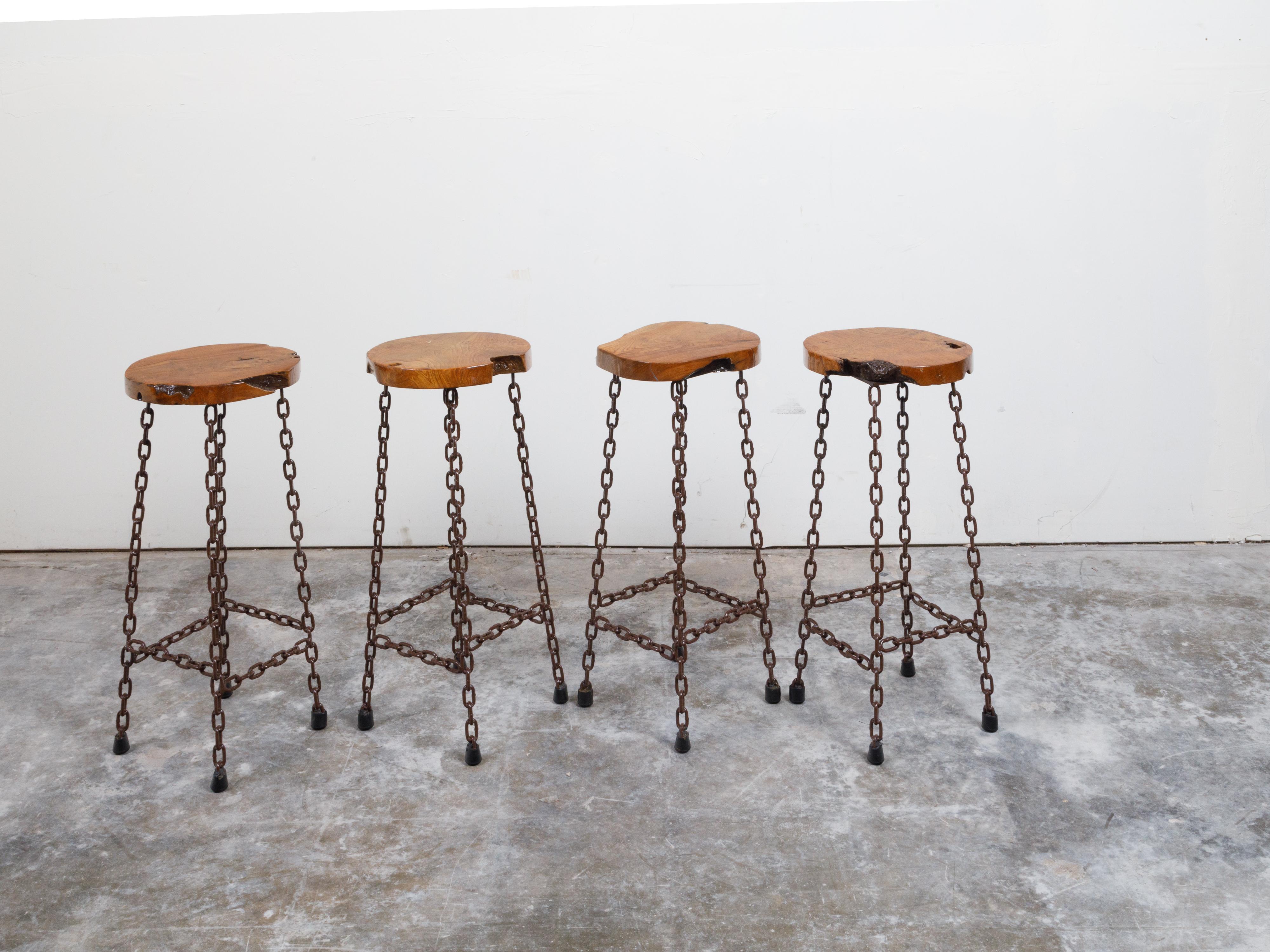 American 20th Century Wood Slab and Chain Links Stools, Sold Each For Sale 2