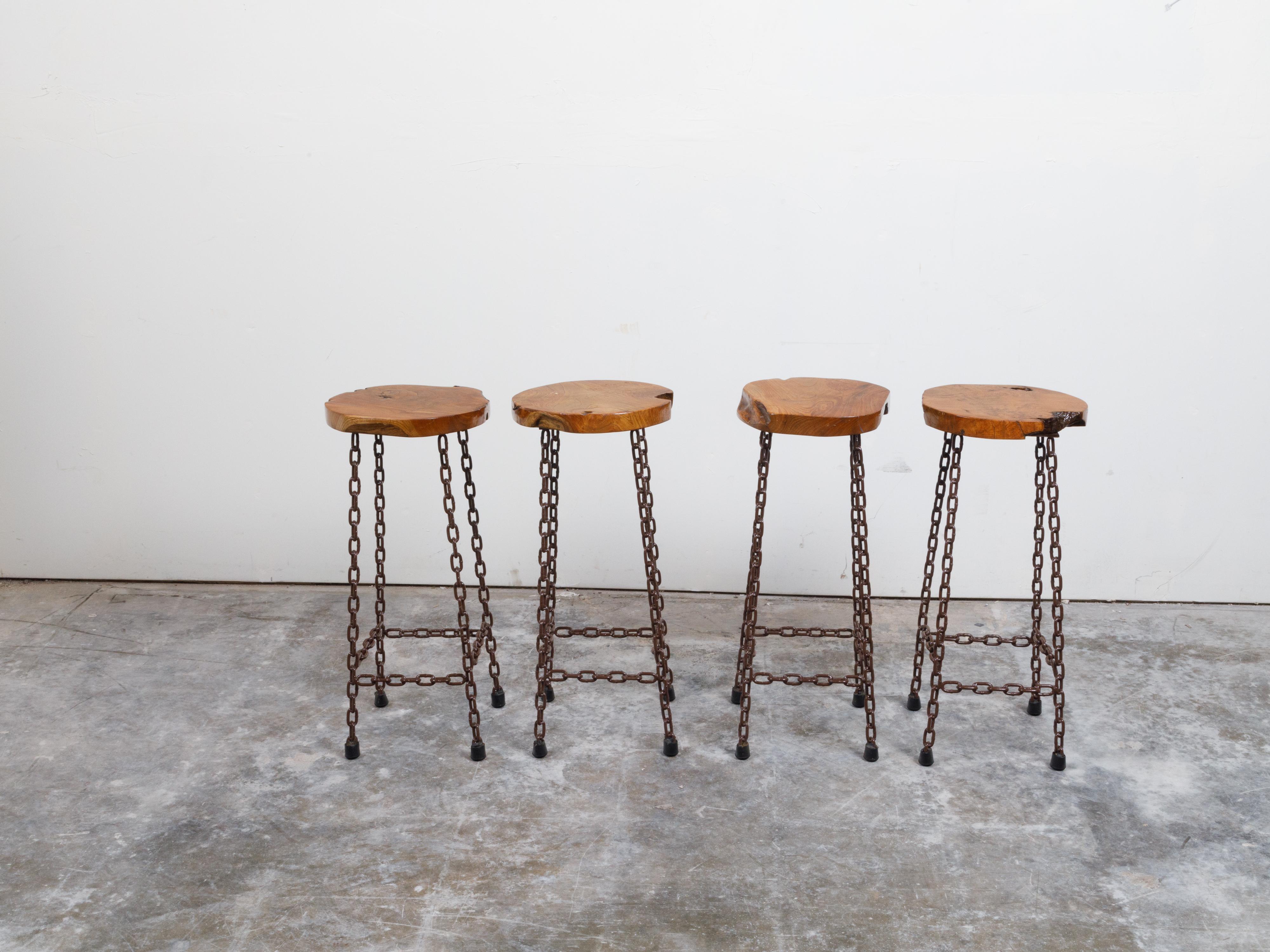 American 20th Century Wood Slab and Chain Links Stools, Sold Each For Sale 3