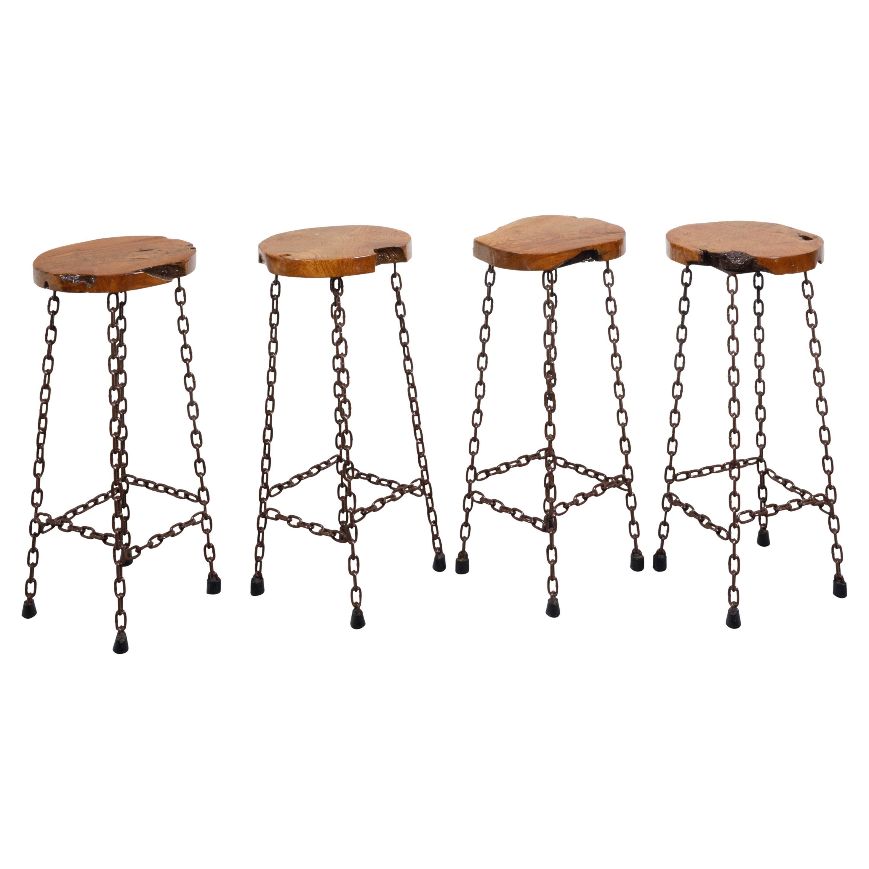American 20th Century Wood Slab and Chain Links Stools, Sold Each For Sale