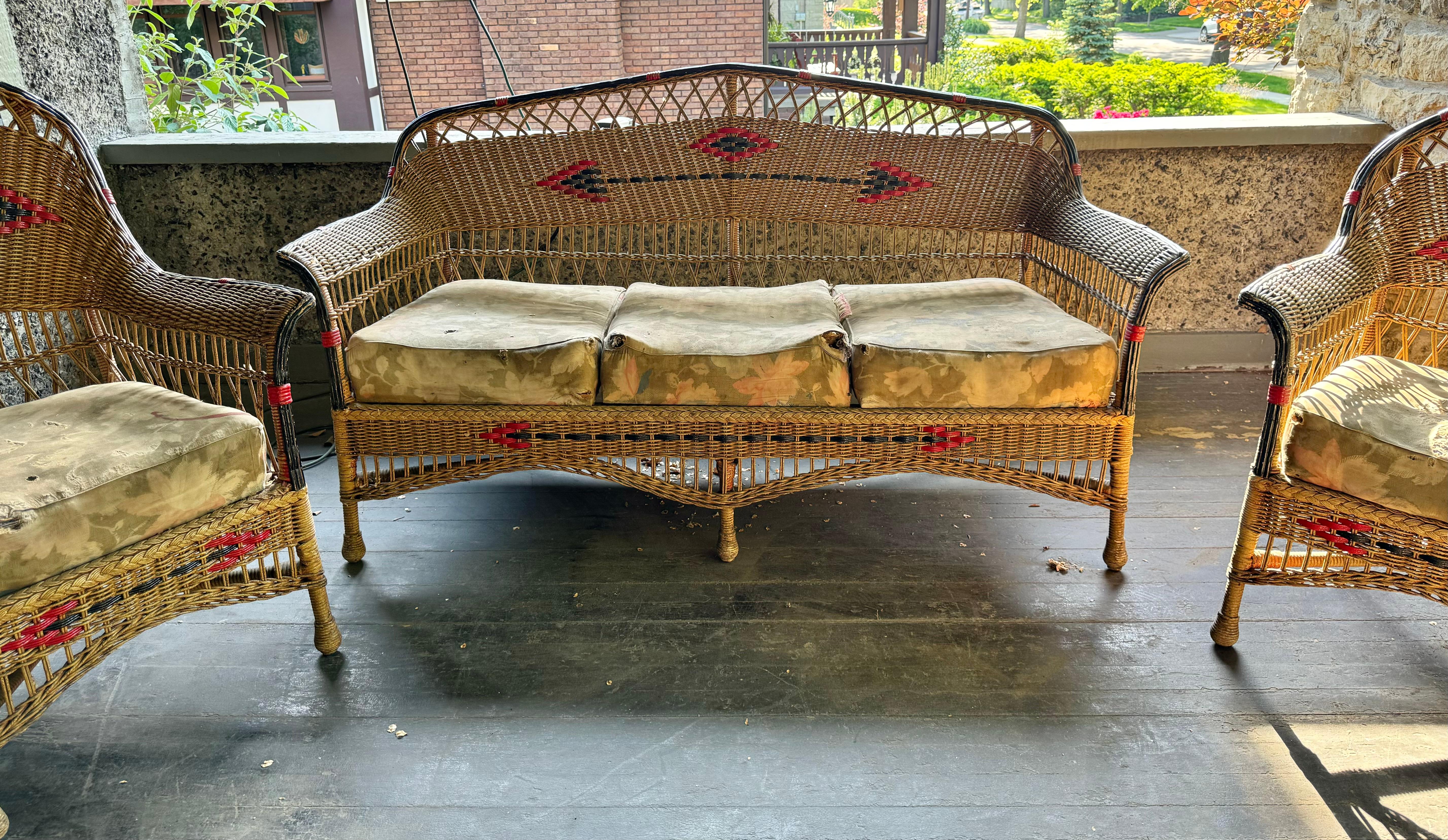 American 3-Piece aRT deco Stick Wicker / Reed Living Room Set For Sale 4
