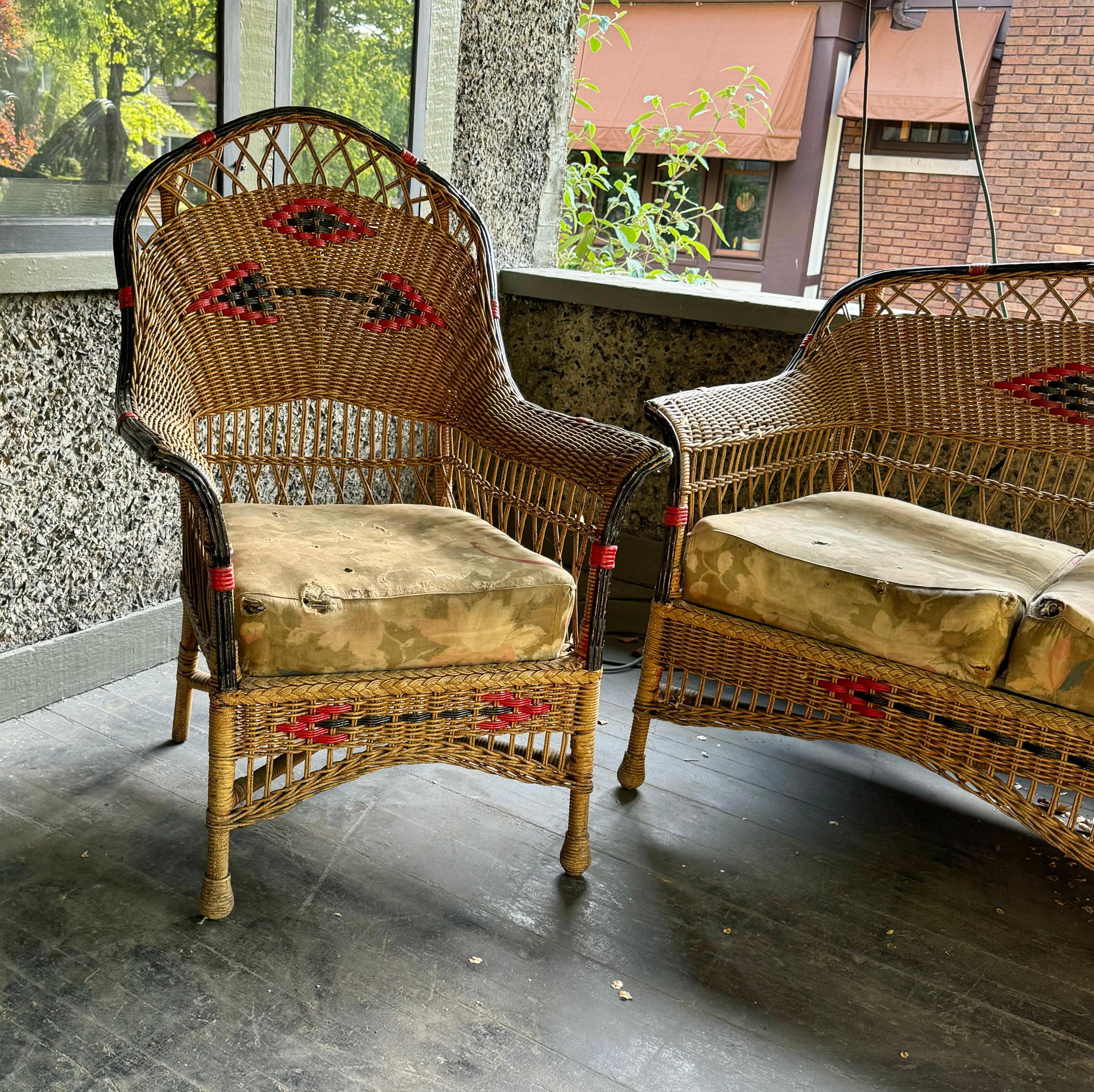 American 3-Piece aRT deco Stick Wicker / Reed Living Room Set For Sale 2