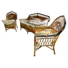 Used American 3-Piece aRT deco Stick Wicker / Reed Living Room Set 