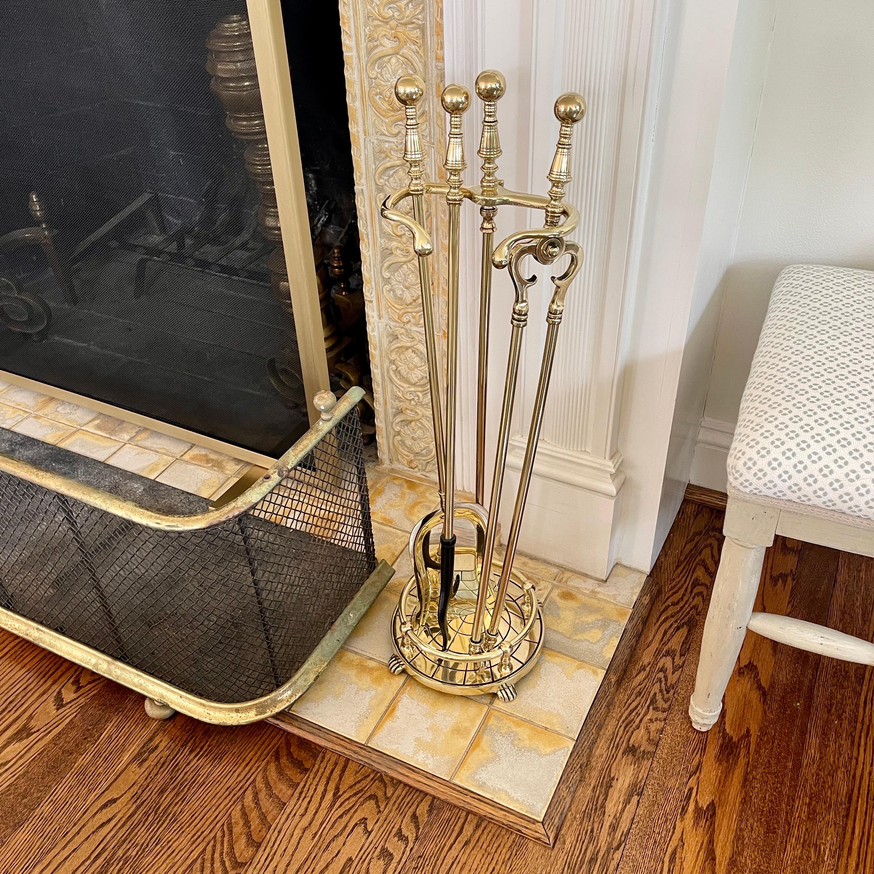 American 3 Piece Set of Brass Fireplace Tools with Spider Web Decor For Sale 13