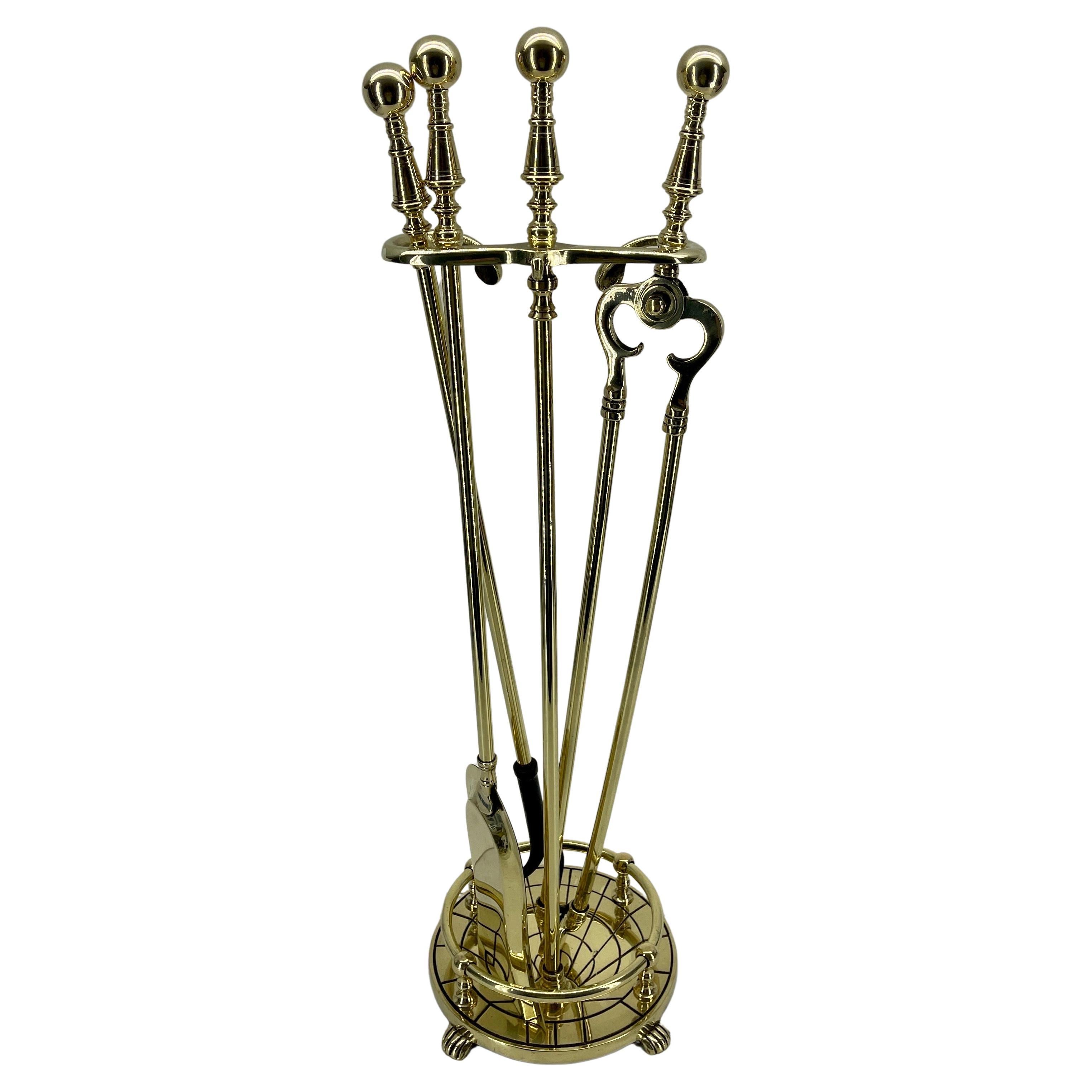 American 3 Piece Set of Brass Fireplace Tools with Spider Web Decor In Good Condition For Sale In Haddonfield, NJ