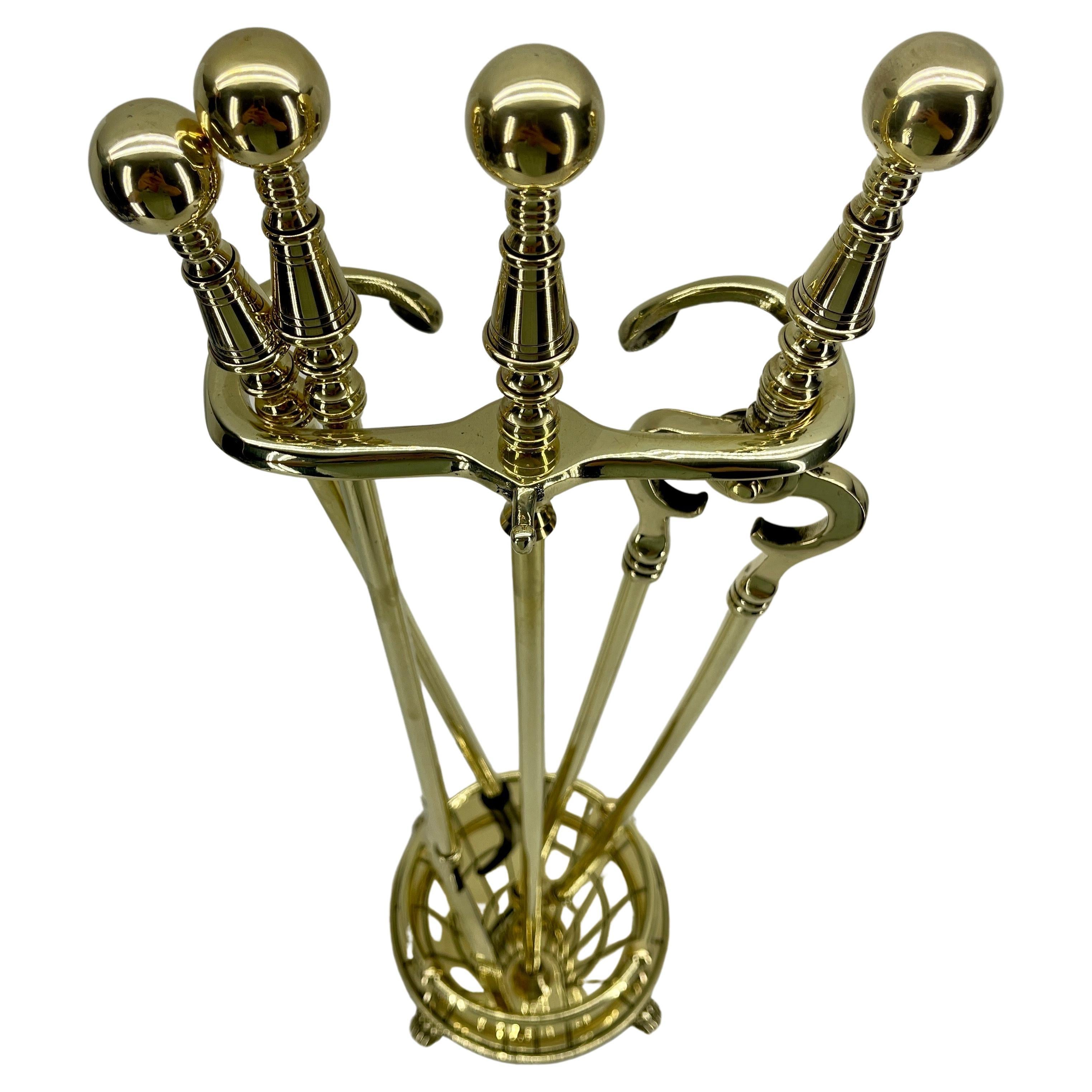 Polished American 3 Piece Set of Brass Fireplace Tools with Spider Web Decor For Sale