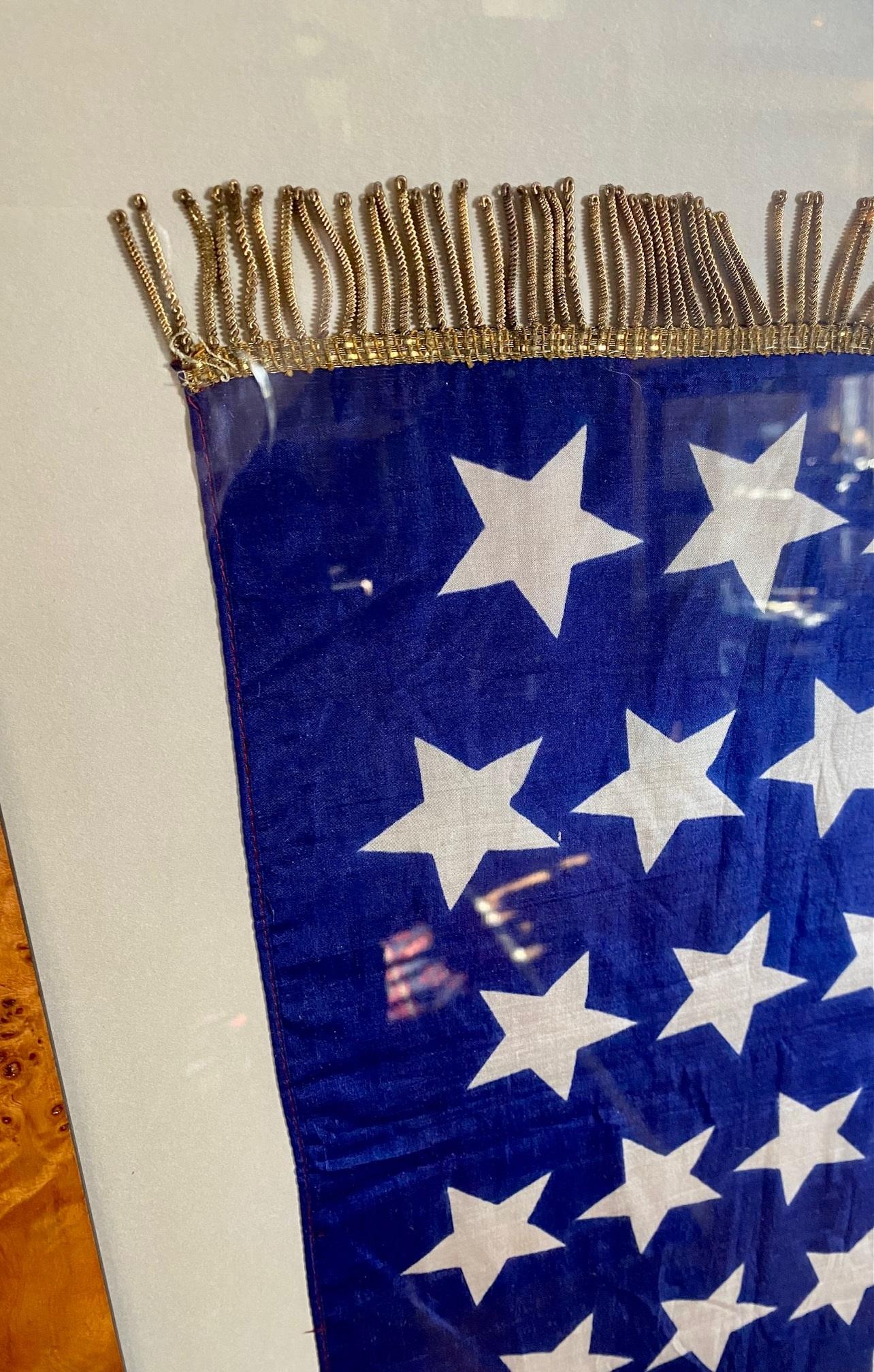 Antique American 45 Star Flag with Gilt Metallic Fringe, circa 1896, a large flag with 45 stars set in a 