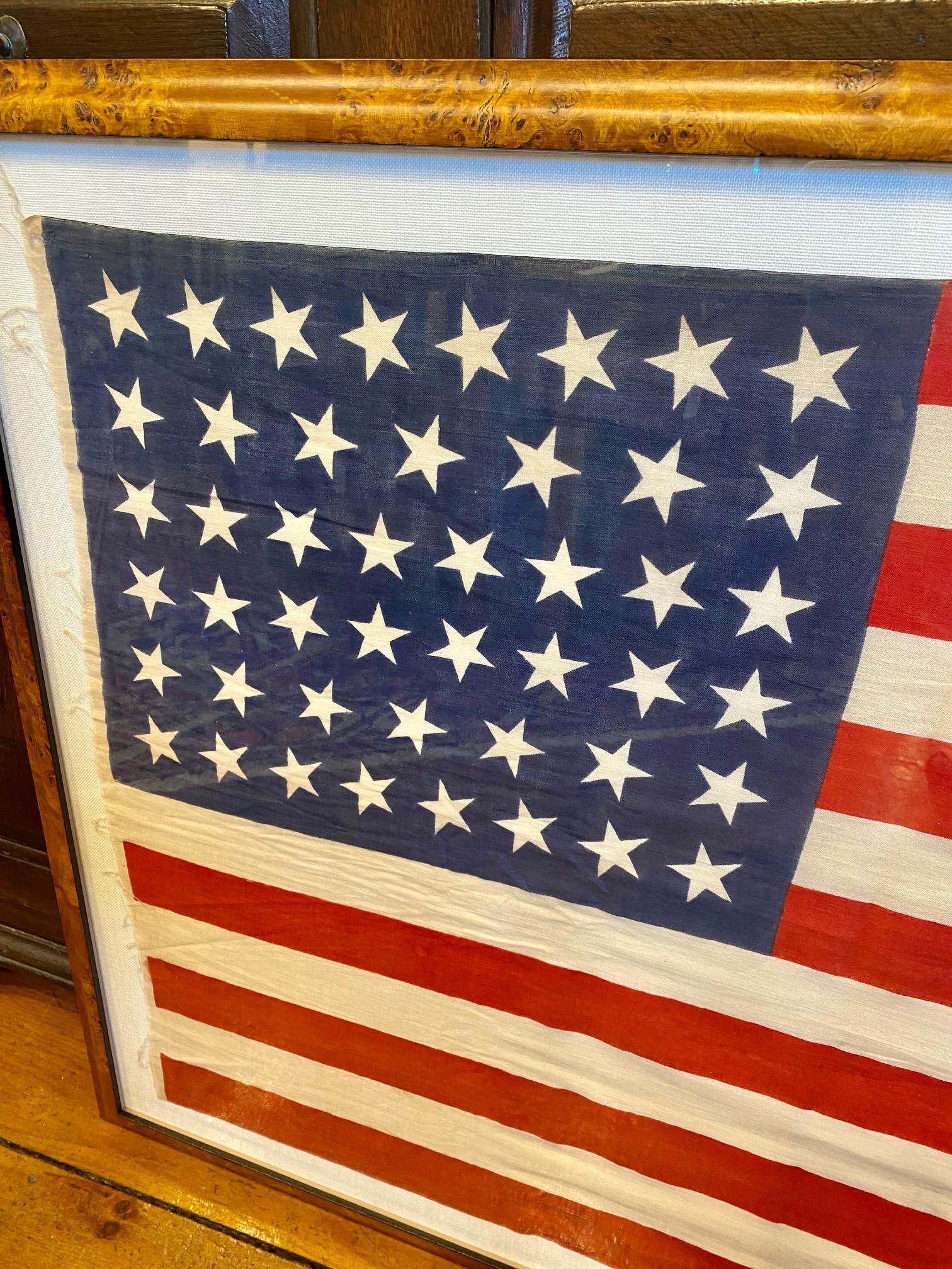 Antique American 46 Star flag, circa 1908, celebrating the admission of Indian Territory as the state of Oklahoma. An official flag of the United States for only four years. Made in a great 