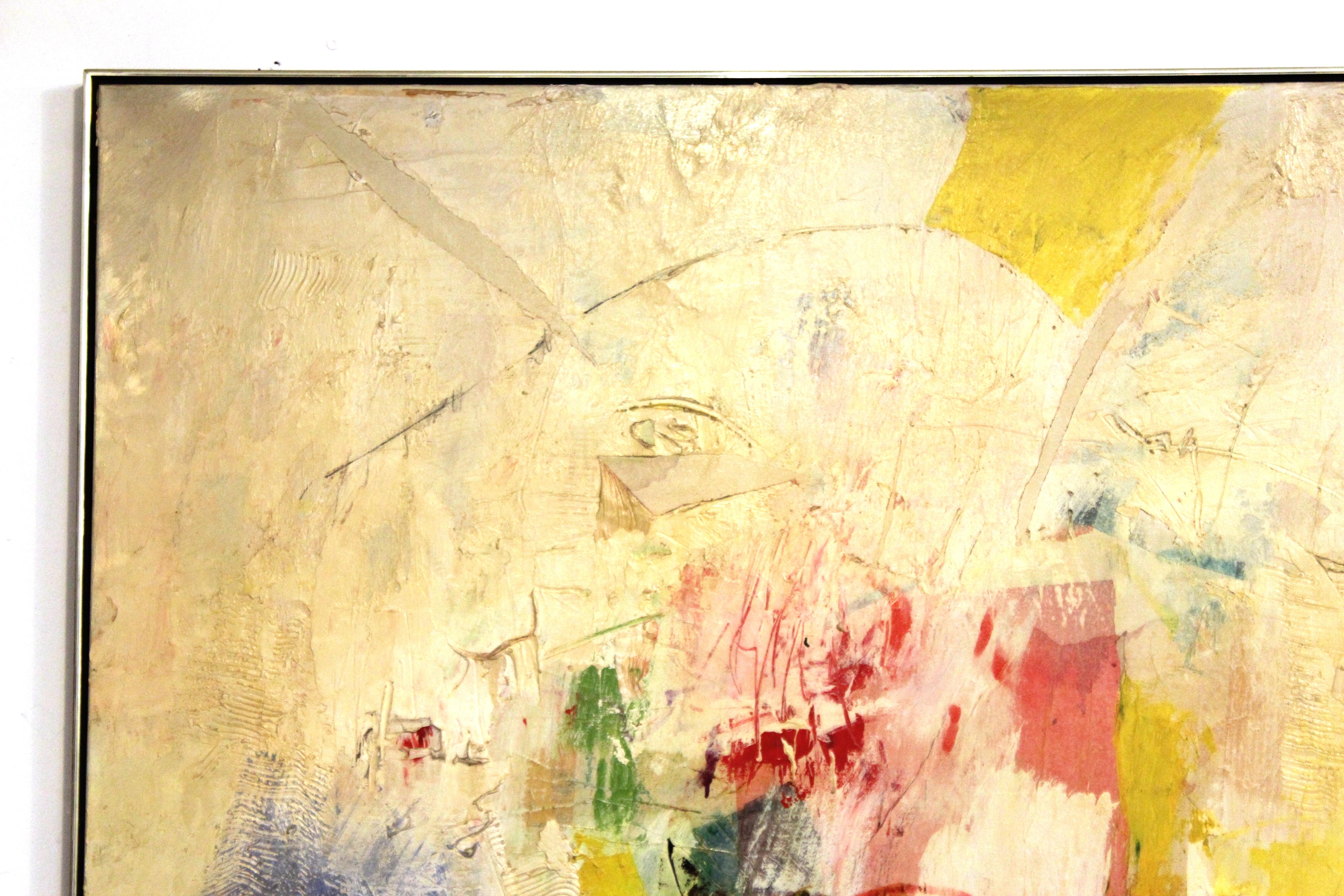 American abstract Expressionist painting of large proportion, with faded illegible signature in the lower right corner. The piece dates from the mid-20th century and is in great vintage condition with age-appropriate wear.