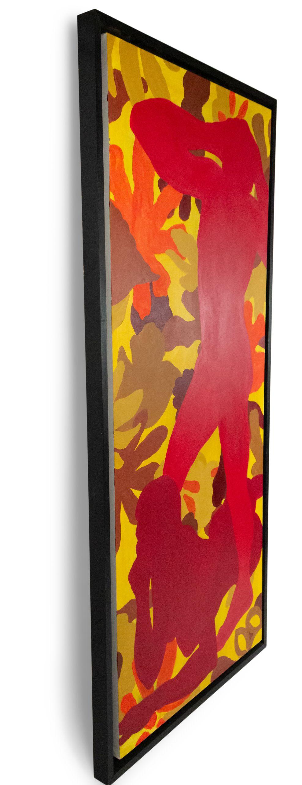 American modern vertical abstract Pop Art style oil painting of 2 nude silhouetted figures rendered in hot colors of red, orange, and yellow in a black frame