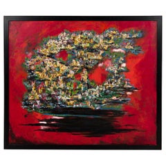 American Acrylic on Canvas Painting of an Abstract Topographic Cityscape