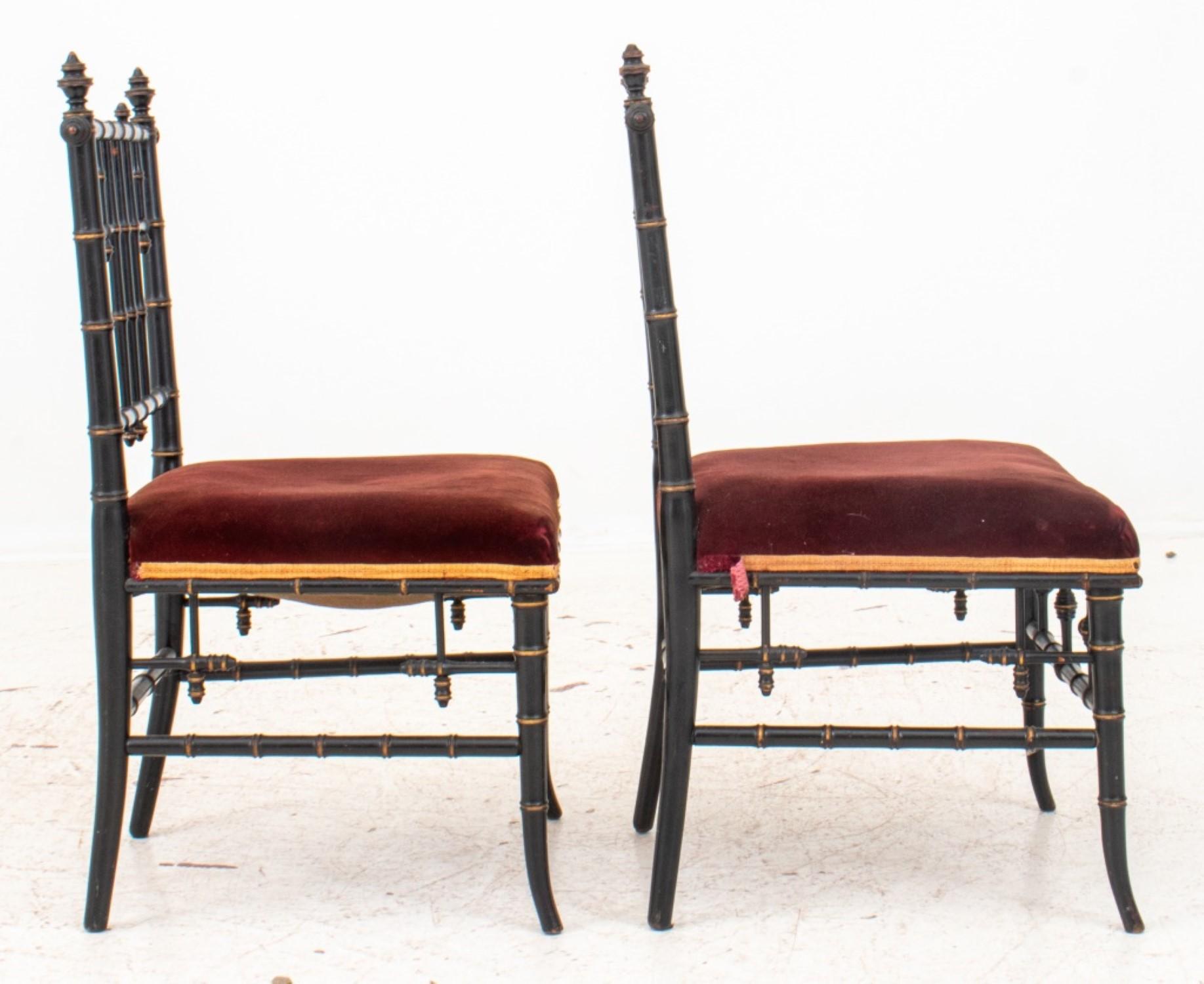 The American Aesthetic ebonized faux-bamboo side chairs are approximately 30.5 inches in height, 18 inches in width, and 15 inches in depth. The seat height is approximately 15 inches.




