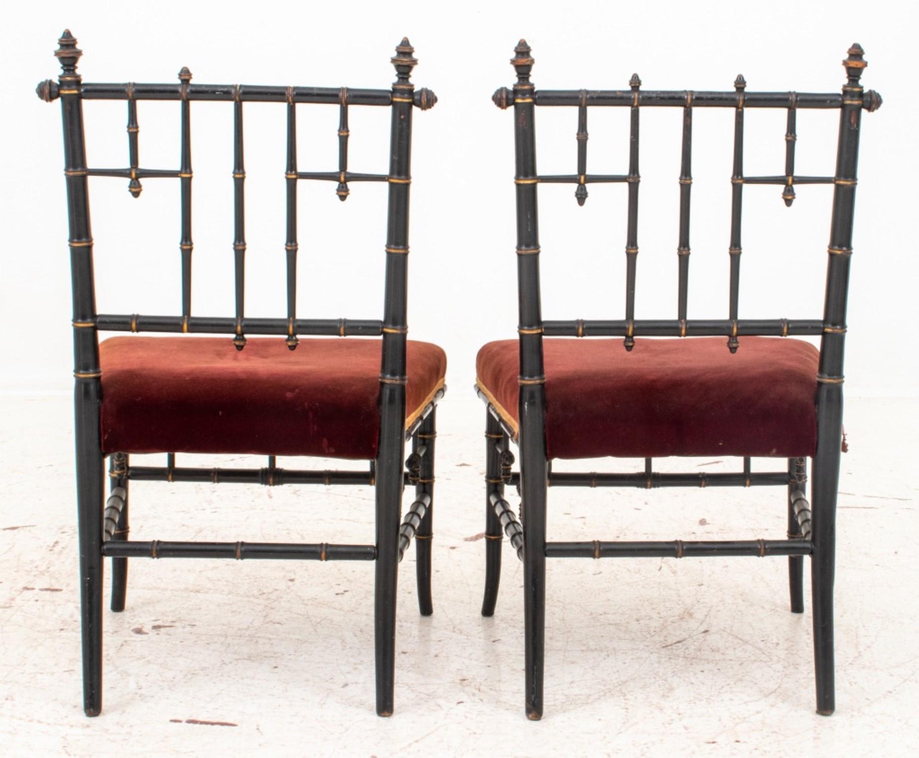 Velvet American Aesthetic Ebonized Bamboo Side Chairs, 2 For Sale
