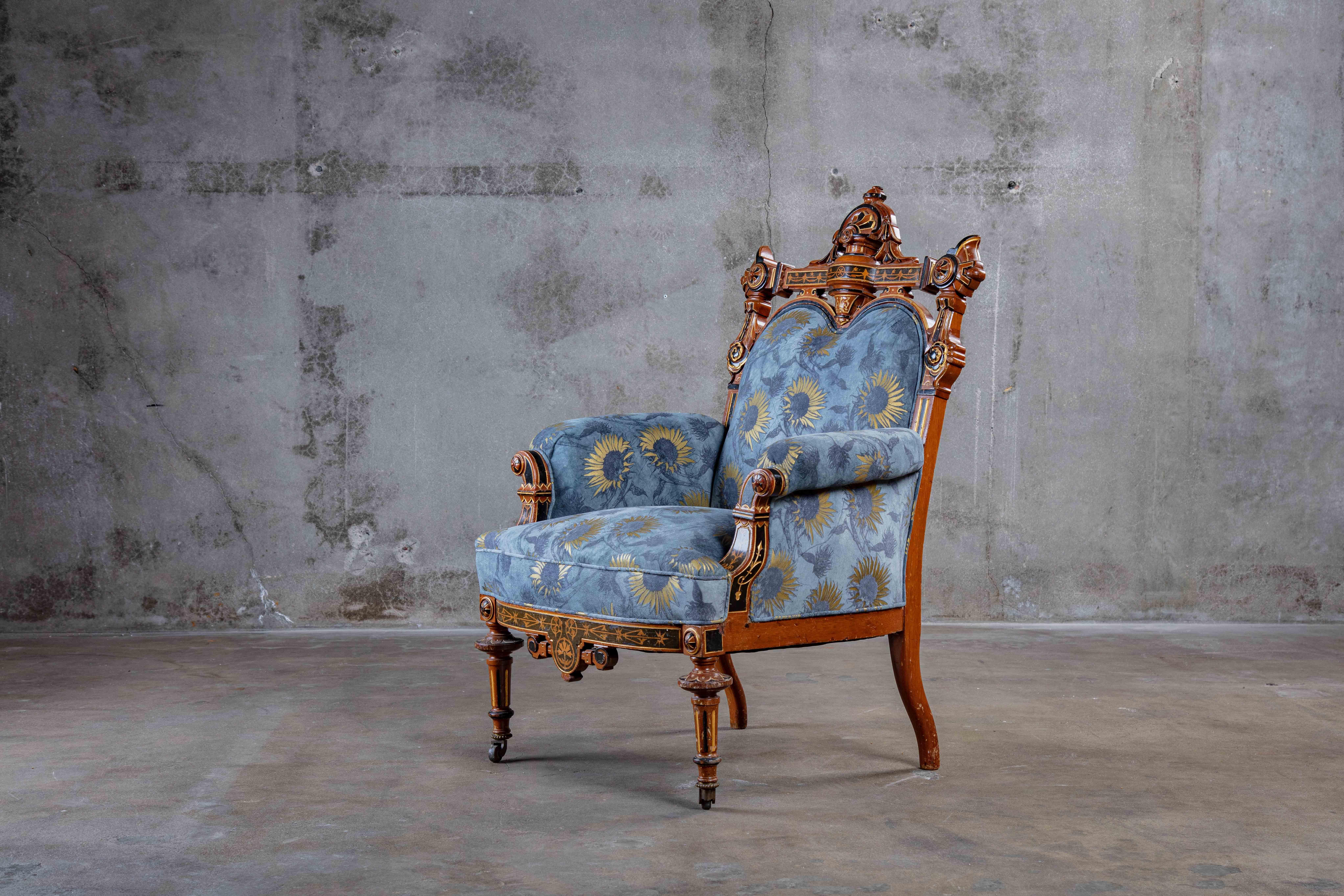 Printed suede American aesthetic inlaid gilt and upholstered 1930s armchair.

Measures: Arm 22 in

Seat 15.5 in.