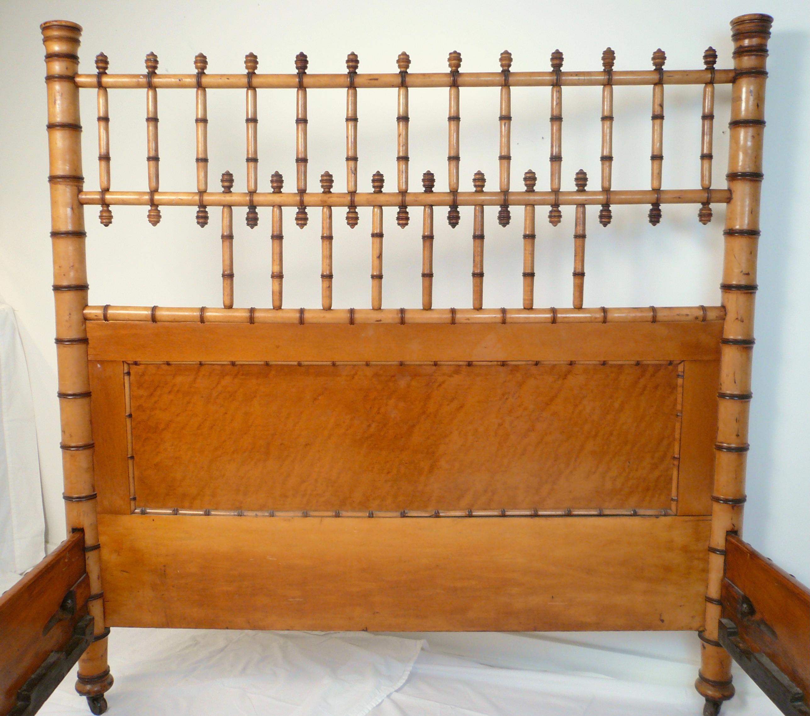 19th Century American Aesthetic Movement Birds Eye Maple Faux Bamboo Bed For Sale