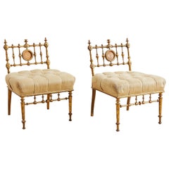Antique American Aesthetic Movement Giltwood Tufted Slipper Chairs