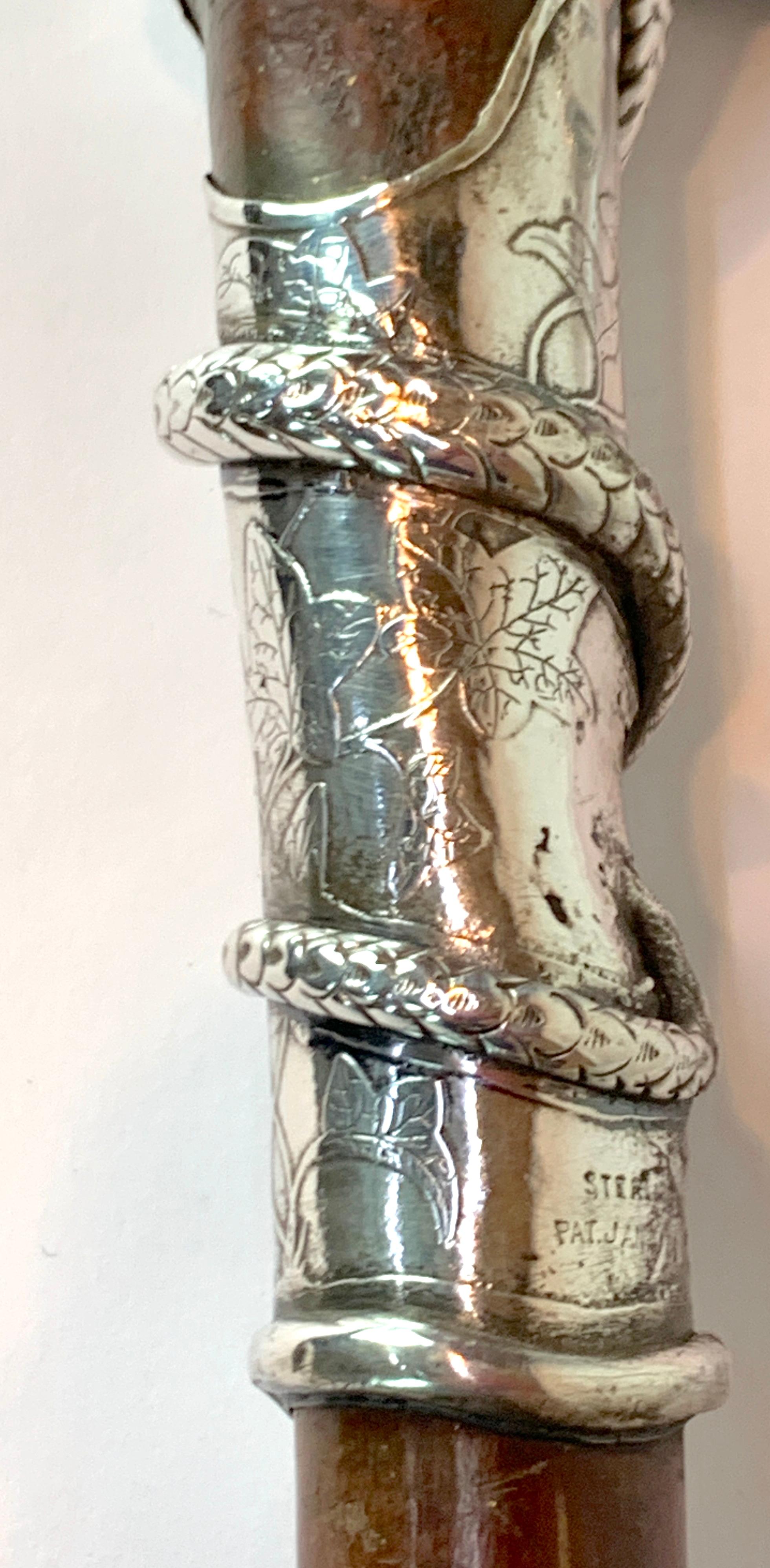 19th Century American Aesthetic Sterling Serpent & Bog Wood Cane/Walking Stick