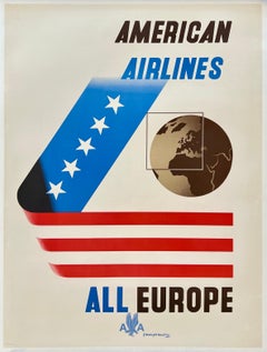 AMERICAN AIRLINES - ALL EUROPE Original Vintage Airline Travel Tourism Poster